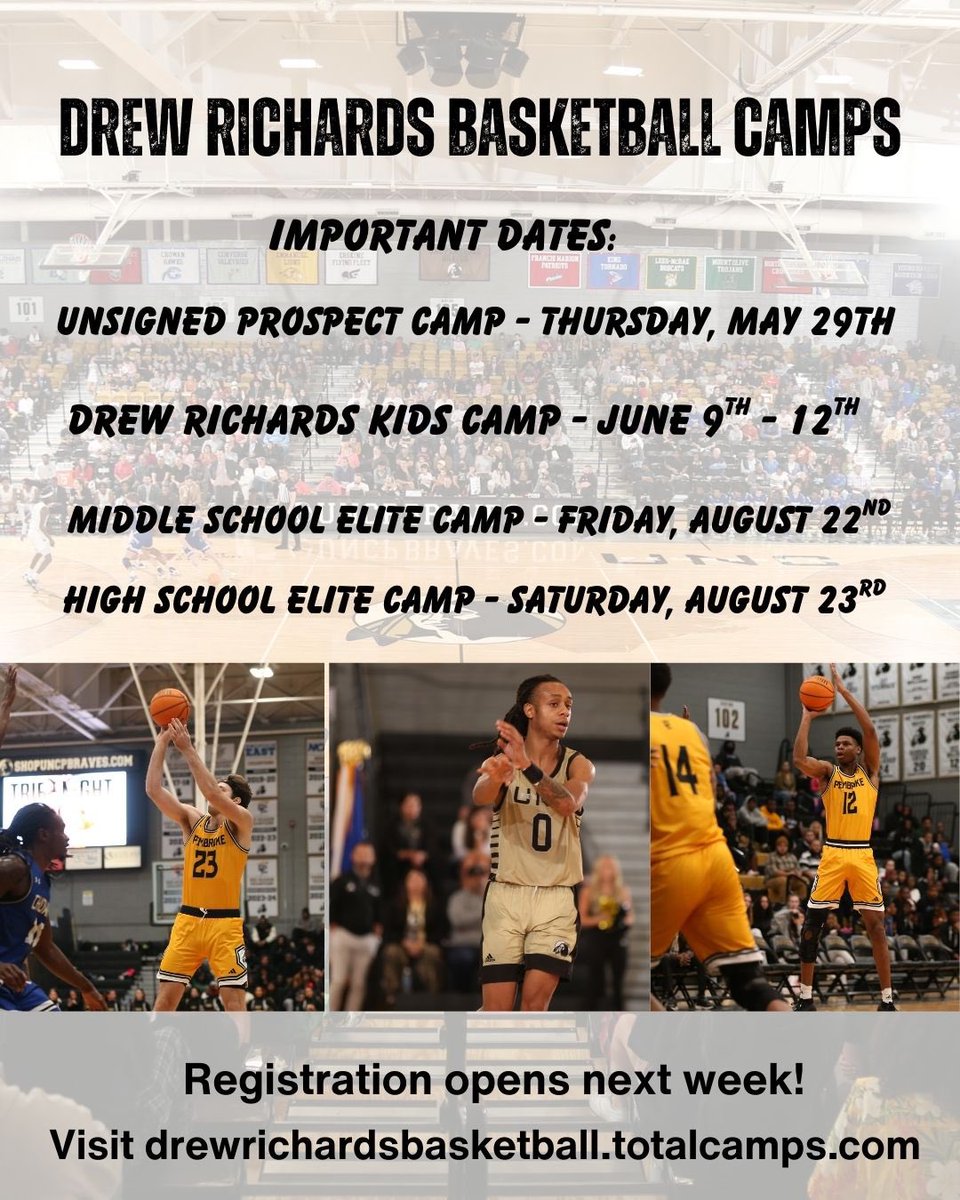UNCP Men's Basketball (@uncp_mbb) on Twitter photo 🚨 IT’S ALMOST CAMP SEASON🚨
Don’t miss out on any of our upcoming camps!!
Registration opens next week!!
drewrichardsbasketball.totalcamps.com/About%20Us
For any questions on camps please DM me directly or email me at noah.katz@uncp.edu 🚨 IT’S ALMOST CAMP SEASON🚨
Don’t miss out on any of our upcoming camps!!
Registration opens next week!!
drewrichardsbasketball.totalcamps.com/About%20Us
For any questions on camps please DM me directly or email me at noah.katz@uncp.edu