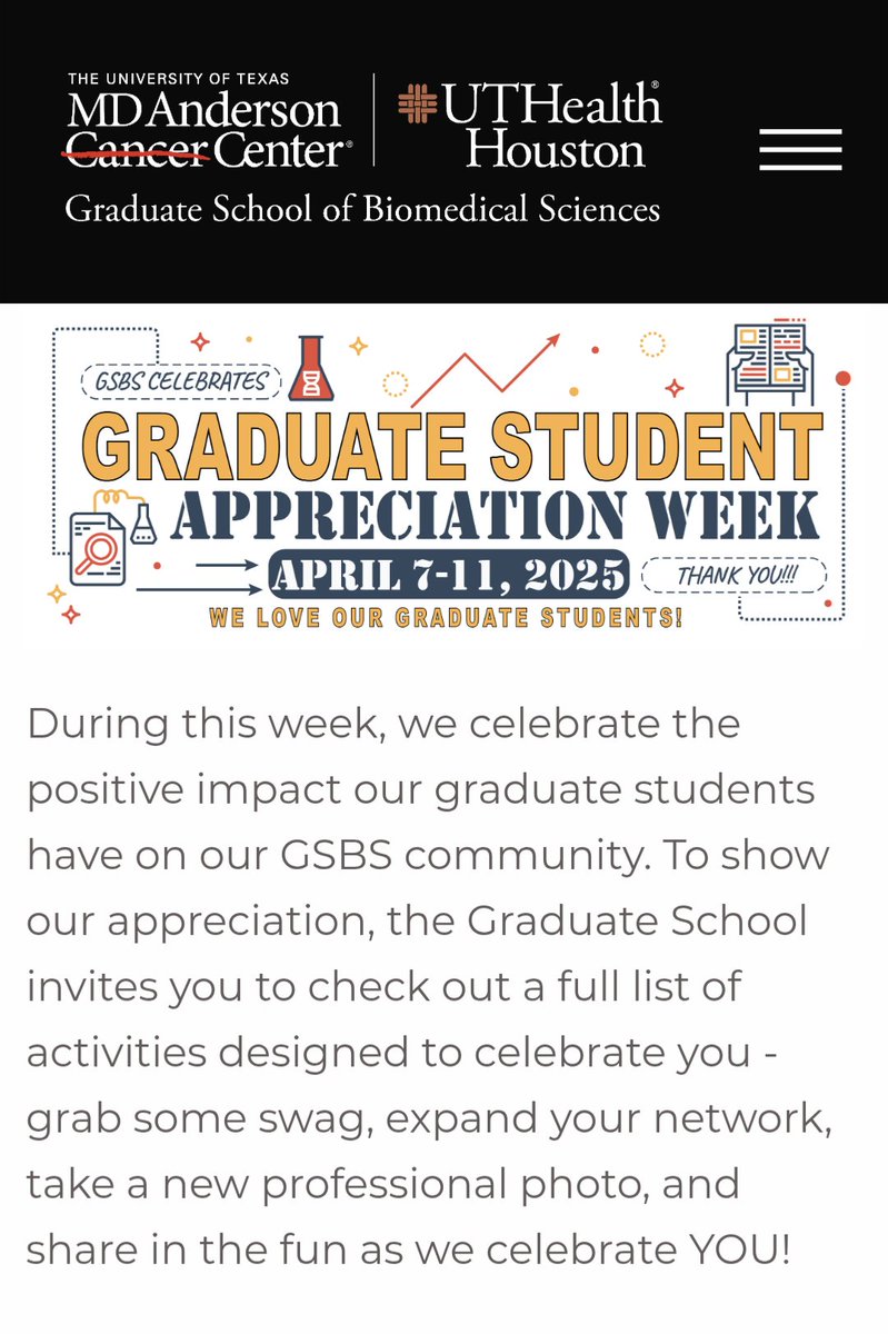 Find in the link below  a list of activities designed to celebrate our amazing graduate students. gsbs.uth.edu/gsbs-events/gs… #graduatestudentappreciationweek #weareGSBS