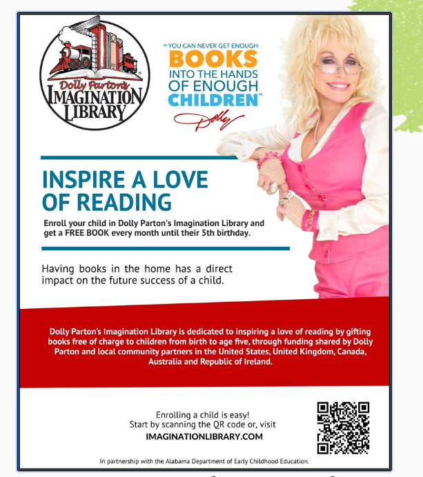 Any child in Alabama can receive a book every month from birth to age five thanks to the <a href="/Alabama_Reading/">ARI / The Alabama Reading Initiative, ALSDE</a> , @imaginationlibrary , and <a href="/DollyParton/">Dolly Parton</a>'s continued investment in children! Please share and get those future readers and leaders registered for this opportunity!