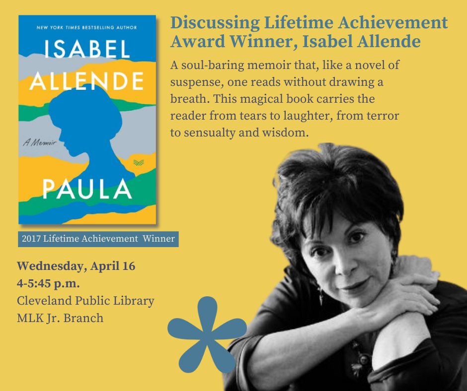 Anisfield-Wolf Book Awards (@anisfieldwolf) on Twitter photo We have partnered with <a href="/cplocfb/">Ohio Center for the Book</a>, <a href="/UrsulineCampus/">Ursuline College</a>, and <a href="/cwru/">Case Western Reserve</a> to host book discussions led by Fellows Dr. Valentino Zullo and Dr. Jamie Hickner.
Join us at <a href="/Cleveland_PL/">Cleveland Public Library</a> on Wednesday, April 16 for a discussion of Lifetime Achievement Award Winner, Isabel Allende's memoir "Paula." We have partnered with <a href="/cplocfb/">Ohio Center for the Book</a>, <a href="/UrsulineCampus/">Ursuline College</a>, and <a href="/cwru/">Case Western Reserve</a> to host book discussions led by Fellows Dr. Valentino Zullo and Dr. Jamie Hickner.
Join us at <a href="/Cleveland_PL/">Cleveland Public Library</a> on Wednesday, April 16 for a discussion of Lifetime Achievement Award Winner, Isabel Allende's memoir "Paula."