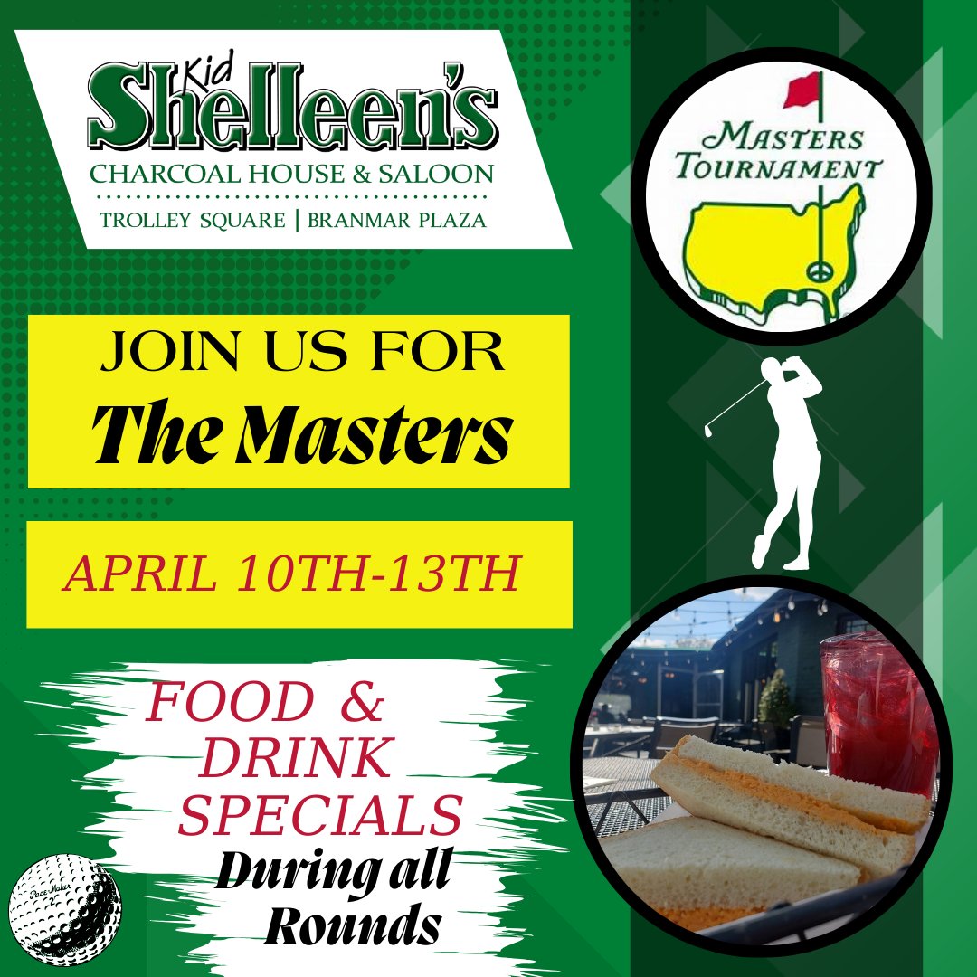 KidShelleensTS's tweet image. The PGA Masters begin tomorrow!  Watch with us and enjoy PGA-themed food and drink specials during all of the rounds!

#PGA #PGAMasters #golftournament #watchatkidshelleens #foodanddrinkspecials #kidshelleenstrolleysquare #kidshelleensbranmarplaza