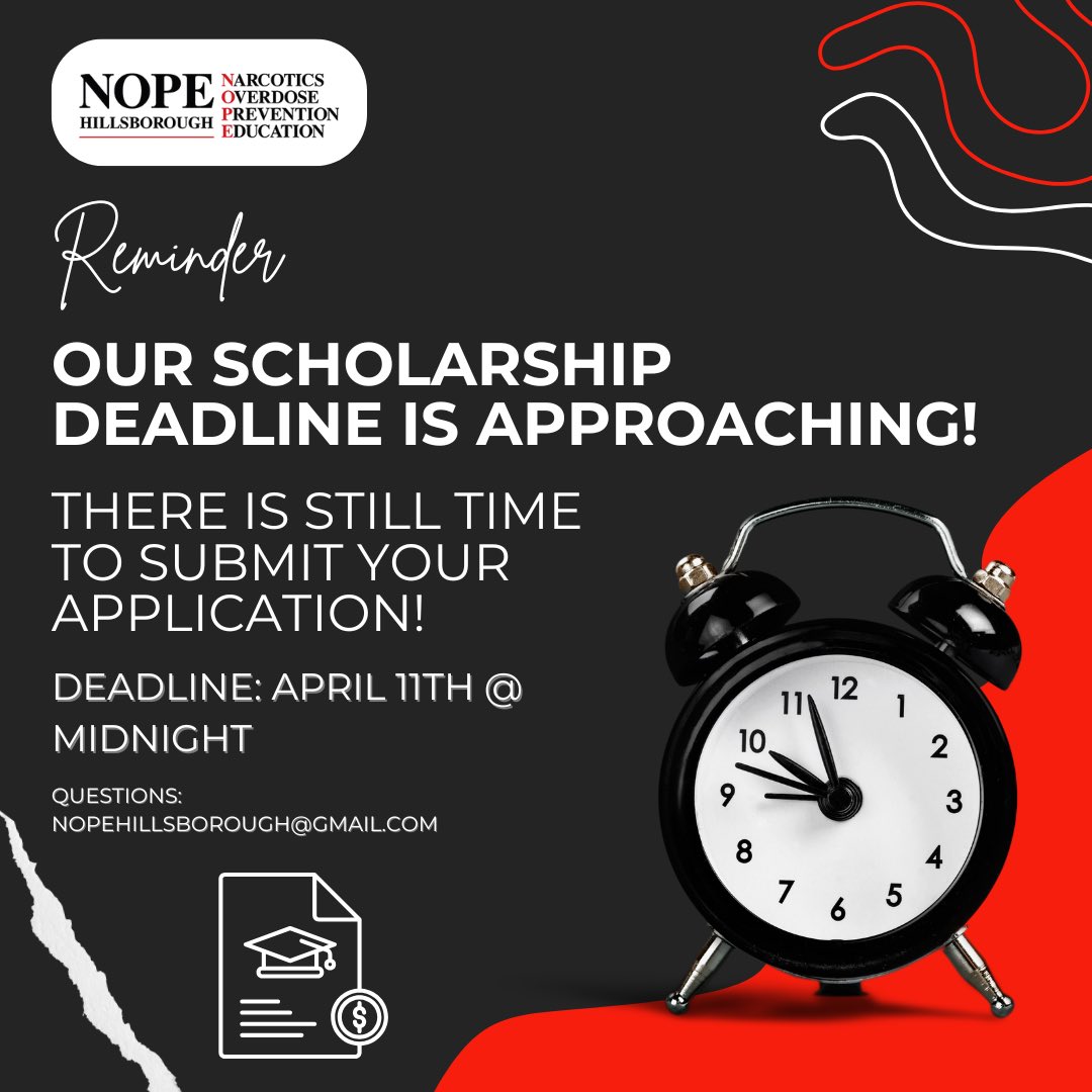 Attention Hillsborough County high school seniors: the NOPE of Hillsborough Scholarship application deadline is APRIL 11, 2025, at midnight. There is still time to apply!!

Nopehillsborough.org