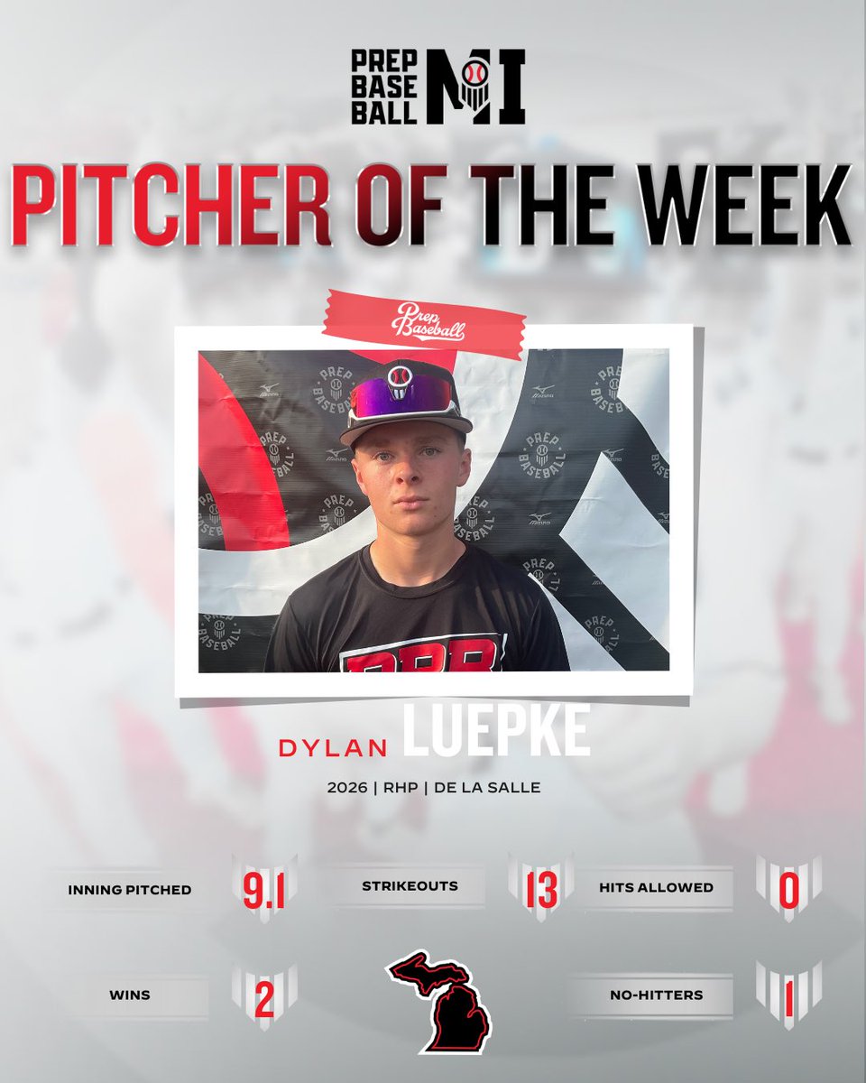 Prep Baseball Michigan (@prepbaseballmi) on Twitter photo ππ’ππ‘π’π ππ§ ππ’πππ‘ππ« π¨π ππ‘π ππππ€
Dylan Luepke was dominant on the mound for <a href="/Pilots_Baseball/">De La Salle Collegiate Baseball</a> last week
9.1 IP / 13 K / 0 H / 2 W / 1 No-Hitter
Uncommitted β26 has 25 K and just 3 H allowed in 18.2 scoreless innings this spring ππ’ππ‘π’π ππ§ ππ’πππ‘ππ« π¨π ππ‘π ππππ€
Dylan Luepke was dominant on the mound for <a href="/Pilots_Baseball/">De La Salle Collegiate Baseball</a> last week
9.1 IP / 13 K / 0 H / 2 W / 1 No-Hitter
Uncommitted β26 has 25 K and just 3 H allowed in 18.2 scoreless innings this spring