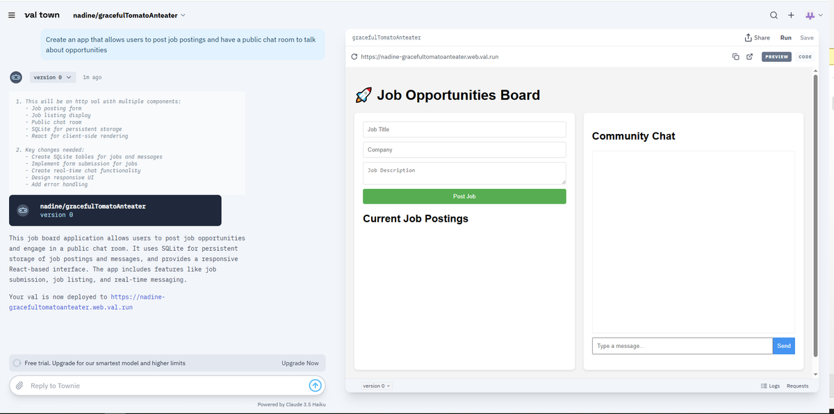 Observe61128581's tweet photo. AI Starter Kit course:
Worked with Townie AI to create an app that allows users to post job postings and have a public chat room to talk about opportunities
#ALX_AI #vila #TownieAI https://t.co/Letcq78jn0