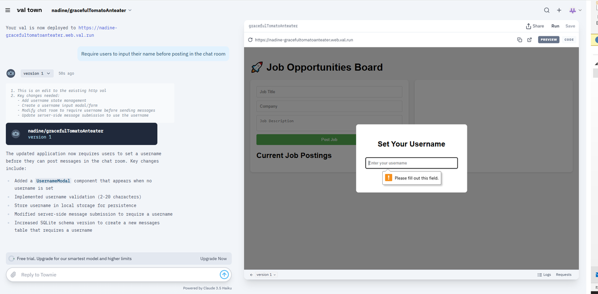 Observe61128581's tweet photo. AI Starter Kit course:
Worked with Townie AI to create an app that allows users to post job postings and have a public chat room to talk about opportunities
#ALX_AI #vila #TownieAI https://t.co/Letcq78jn0