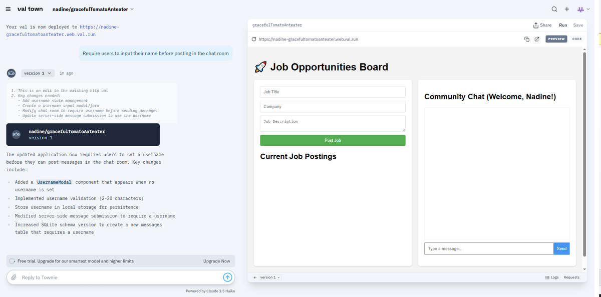 Observe61128581's tweet photo. AI Starter Kit course:
Worked with Townie AI to create an app that allows users to post job postings and have a public chat room to talk about opportunities
#ALX_AI #vila #TownieAI https://t.co/Letcq78jn0