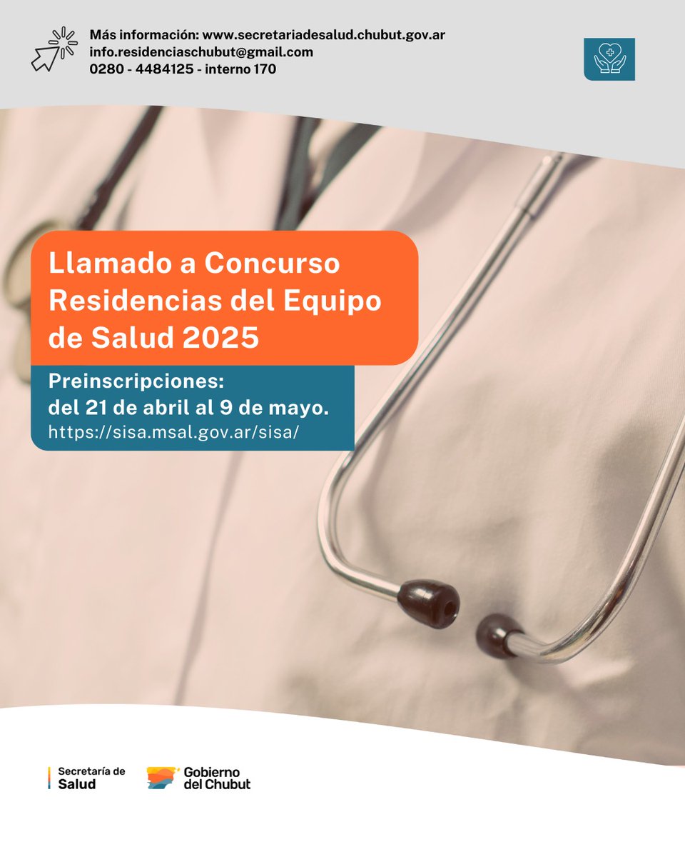🟠 CONVOCAMOS A CUBRIR CARGOS DE LAS “RESIDENCIAS DEL EQUIPO DE SALUD 2025”

🌐 Para más información: acortar.link/7QmqT0

#Residencias2025 #Hospitales #Formación #Chubut #Salud #Gobierno