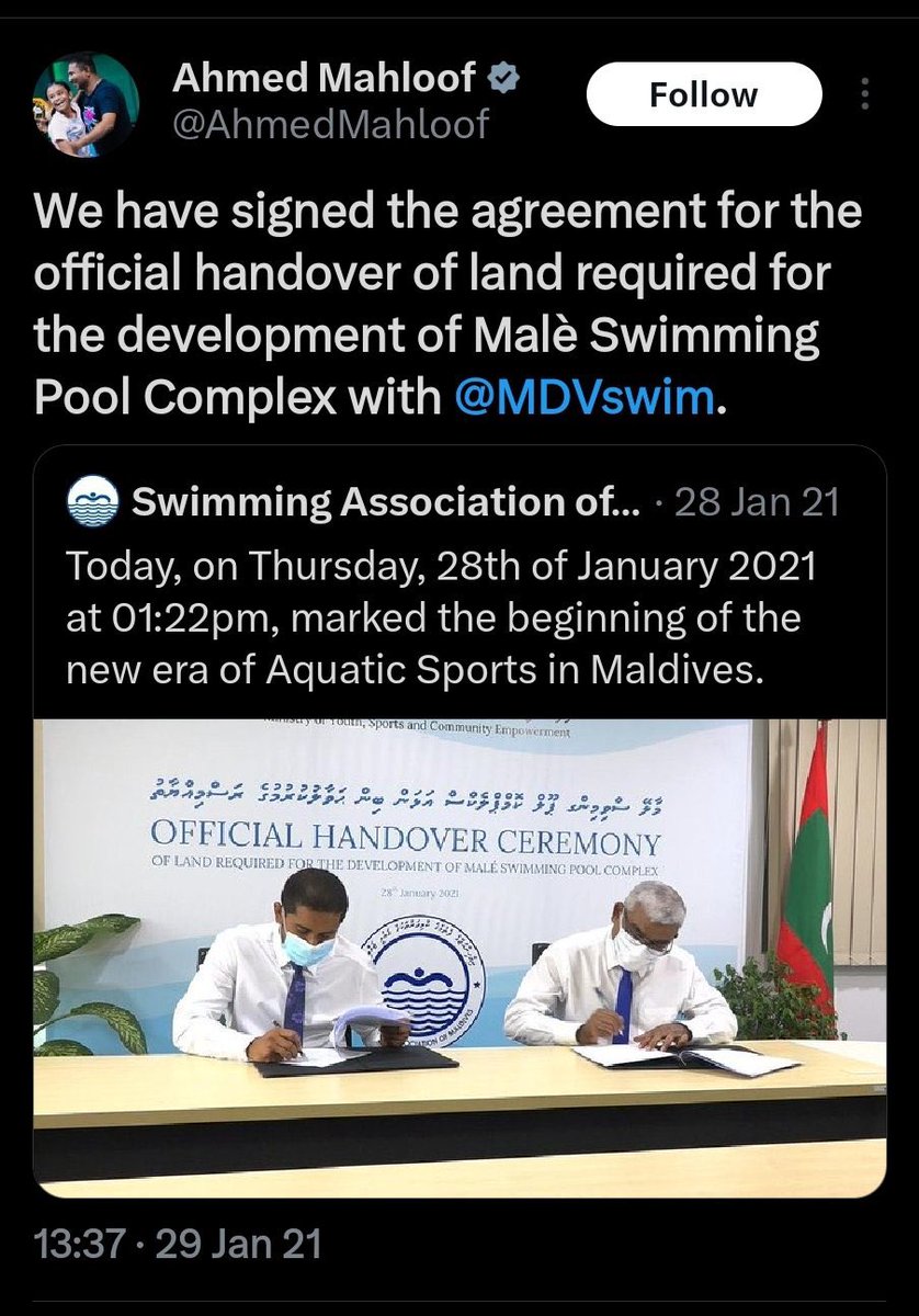 AhmedMahloof's tweet photo. ރާއްޖޭގައި ތަރައްގީ ކުރާ ފުރަތަމަ ބައިނަލްއަގުވާމީ ސުވިމިން ޕޫލަކީ މިސަރުކާރުގެ އެއްވެސް ބައިވެރިވުމެއް އެއްވެސް މިންވަރަކަށް އޮންނާނެ މަސައްކަތެއް ނޫން. އެތައް އަހަރުތަކެއްގެ ބުރަ މަސައްކަތުން އެކަމަށް ހިނގާ ހަރަދު ކަށަވަރުކޮށް، ބޮޑު ސިންގާ ބިމެއް ކަނޑައަޅާ އަދި އެގްރީމަންޓުގައި ސޮއިކޮށް މިހުރިހާކަމެއް ފެށީ ކުރީގެ ސަރުކާރުން. މިސަރުކާރުން މިމަސައްކަތަށް އެންމެ ރުފިޔާއެއްވެސް ހަރަދުކުރަން ނުޖެހޭނެ. އެންމެ ފުރަތަމަ މާލެއިން ކަނޑައެޅި ބިމުގައި އެމަސައްކަތް ކުރަން ޖާގަ ކުޑަވެ އެތައް މިލިއަން ރުފިޔާއެއް އަގުބޮޑުވާތީ ފަހުން ބިން ހަމަޖެއްސީ ހުޅުމާލެއިން. 

ރައީސް @ibusolih ގެ އިތުރުން މިކަމުގެ އެންމެ ބޮޑު ޝުކުރެއް ހައްގުވަނީ އޮނަރަބަލް ހުސައިން އަފީފަށް. ސުވިންމިން ޕޫލެއް އެޅުމަށް ހިނގާ ހަރަދު ހަމަޖައްސާދެއްވާނެ ކަމުގެ ޔަގީކަން ރައީސް ޞާލިހަށް އަދި ސުވިމިން އެސޯސިއޭޝަންގެ ރައީސް ސައްތާރަށް ވަރަށް ސާފުކޮށް އަފީފް އޮތީދެއްވާ އެފައިސާ ޔަގީންކޮށްދެއްވާފަ. މިކަމަށް ވޯލްޑް އެކުއާޓިކްސްގެ އެހީތެރިކަންވެސް ލިބޭ. 

މިމަސައްކަތ��ގައި އަޅުގަނޑާ އެންމެ ގާތުން އެހާމެ ބުރަކޮށް މަސައްކަތްކުރެއްވީ ސުވިމިންގް ރައީސް ސައްތާރު، އިސްމާއިލް، ޝާރިފް އަދި ސްޕޯޓްސް އަދި ޕްރޮޖެކްޓްސް ޑިޕާޓްމަންޓުގެ ވެރިން. 

އެތައް ބުރަ މަސައްކަތަކުން ކޮށްފައި ހުންނަ މިކަހަލަ ބޮޑެތި މަސައްކަތުގެ ކުރެޑިޓް، ކުޑަވެސް ބައިބެރިވުމެއްނެތި މިސަރުކާރުން ނަގަން އުޅުމަކީ
ލަދުވެތި އަދި ހަޑިކަމެއް.