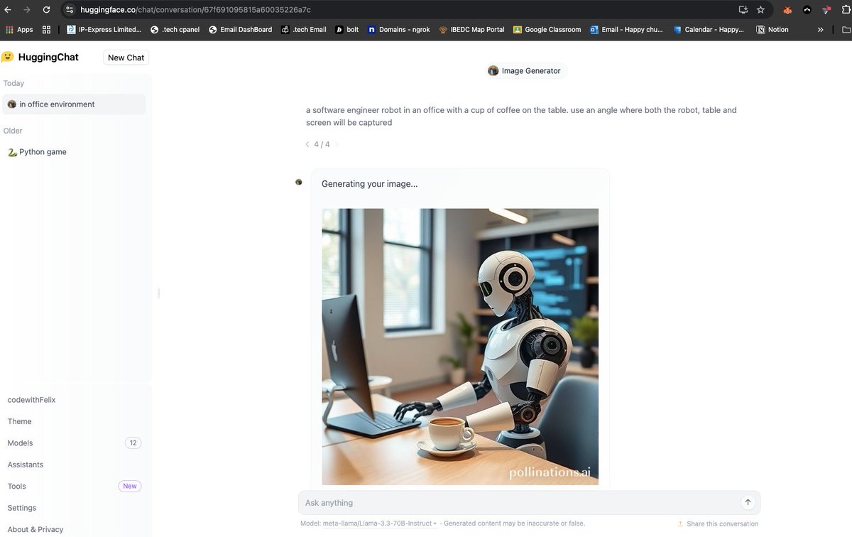code_with_Felix's tweet image. This is seem to be the fastest image generation model i have ever used huggingface.co/chat/
#ALX_AiSK
@alx_africa