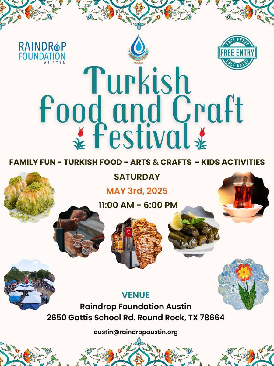 raindrop_ctx's tweet photo. Come join us for a day full of flavor, culture, and fun!

Date: Saturday, May 3rd, 2025
Time: 11:00 AM – 6:00 PM
Location: Raindrop Foundation Austin
📍 2650 Gattis School Rd, Round Rock, TX 78664
Entry: FREE!

austin@raindropaustin.org

#TurkishFestival #AustinEvents https://t.co/9O7IXNWg3d