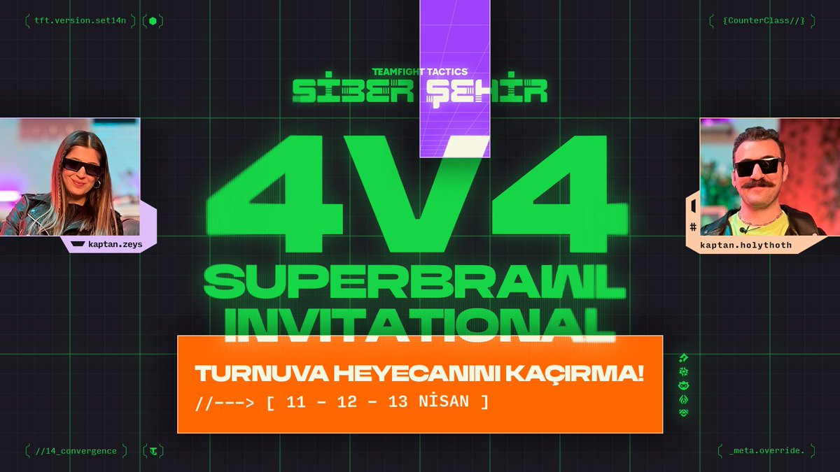👾 TFT Set 14 // SİBER ŞEHİR 4v4 SUPERBRAWL INVITATIONAL BAŞLIYOR! 👾
EMEA bölgesinin en iyileri, Siber Şehir’in neon sokaklarında kapışmaya geliyor!
Her bölgeden 2 takım, her takımda 4 oyuncu ve zafere uzanan çetin bir yol! 🏆

🇹🇷 Türkiye’yi temsil edecek kaptanlarımız:
🔥