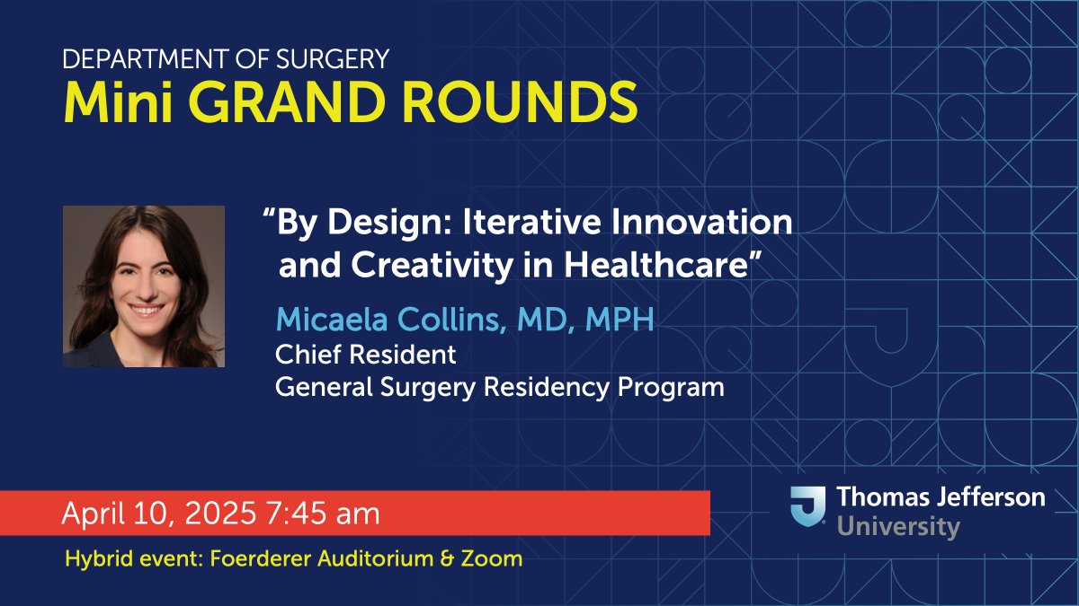 Jefferson Surgery (@jeffsurgery) on Twitter photo Tomorrow, we kick off our Chief Residents Mini #GrandRounds series with Dr. <a href="/micaelacollins/">Micaela Langille Collins</a>. Following graduation, she will begin a fellowship at
<a href="/UChicagoCTSurg/">UChicago CT Surgery</a>
Faculty & staff will receive the link via email | recording to follow here Tomorrow, we kick off our Chief Residents Mini #GrandRounds series with Dr. <a href="/micaelacollins/">Micaela Langille Collins</a>. Following graduation, she will begin a fellowship at
<a href="/UChicagoCTSurg/">UChicago CT Surgery</a>
Faculty & staff will receive the link via email | recording to follow here