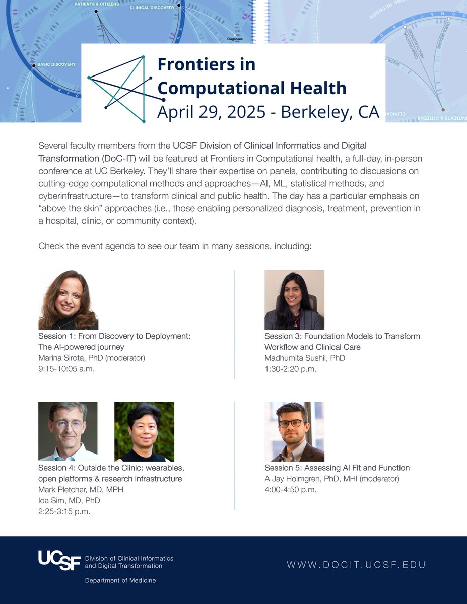 UCSF DoC-IT (@ucsf_docit) on Twitter photo Upcoming event: Frontiers in Computational Health, April 29 at UC Berkeley
DoC-IT experts will be featured at this full-day, in-person event on AI, ML, and digital health innovation.
š Learn more and register: computationalhealth.ucsf.edu/2025-conferencā¦
<a href="/UCJointCPH/">UC Joint Computational Precision Health Program</a> Upcoming event: Frontiers in Computational Health, April 29 at UC Berkeley
DoC-IT experts will be featured at this full-day, in-person event on AI, ML, and digital health innovation.
š Learn more and register: computationalhealth.ucsf.edu/2025-conferencā¦
<a href="/UCJointCPH/">UC Joint Computational Precision Health Program</a>