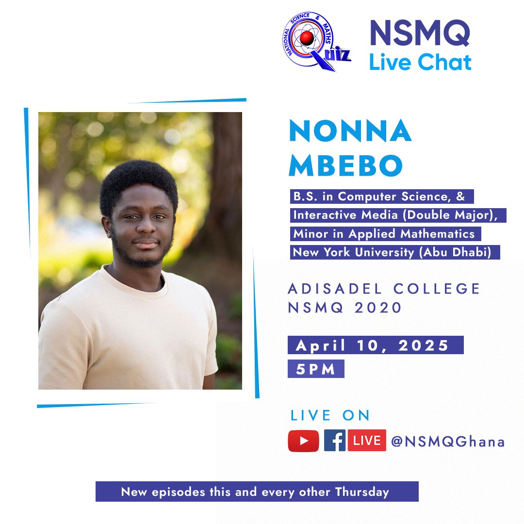 Our next guest on the #NSMQLiveChat needs no introduction!🔥

Join us tomorrow at 5pm as we have a hearty conversation with Nonna Mbebo, a member of the #NSMQ2020 Adisadel College team - first runners-up.

#Primetime