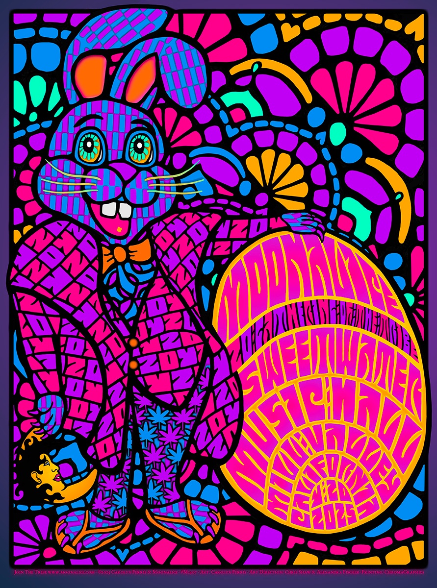 My Easter bunny poster for the upcoming <a href="/Moonalice/">Roger McNamee</a> <a href="/MoonalicePoster/">Moonalice Posters</a>  Gathering of the Tribe 420 show at <a href="/sweetwatermv/">Sweetwater Music Hall</a>.  On this 4-20, poster is dedicated to Albert Hoffmann and his famous psychedelic bicycle ride 82 years ago, bunny is dressed and in gear to celebrate.