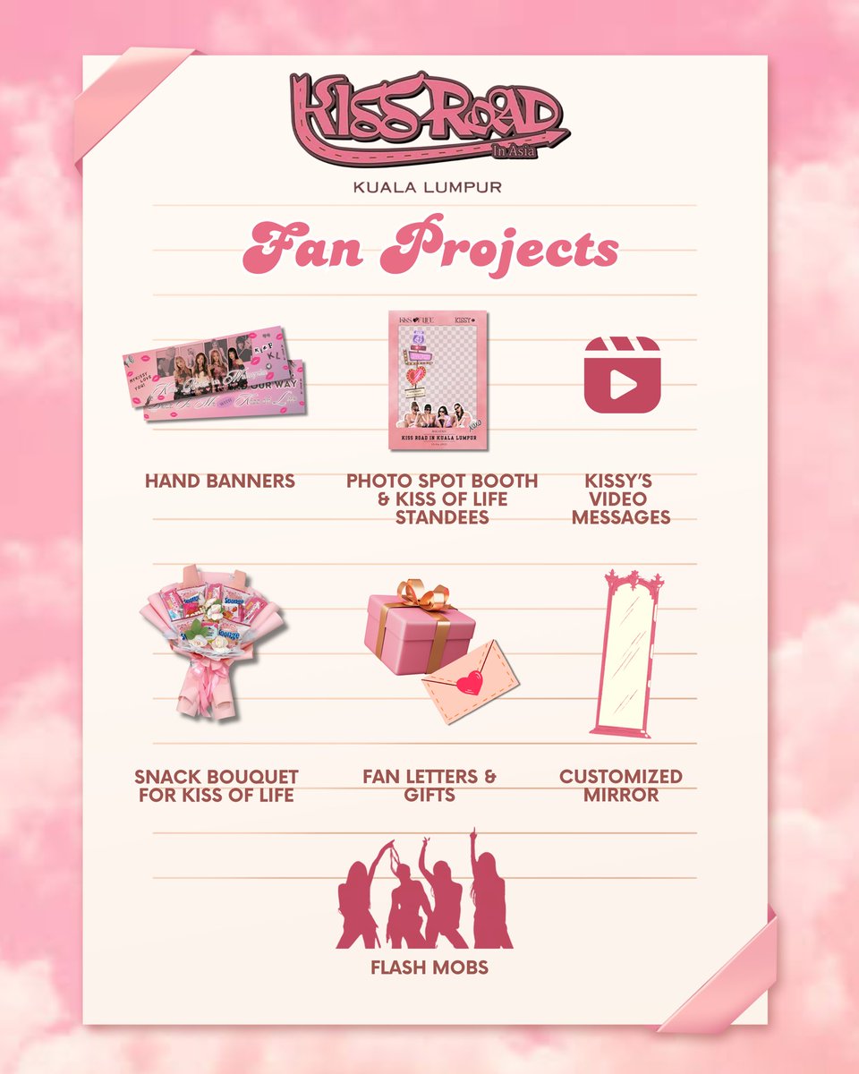 kiof_my's tweet photo. Hi KISSY! 🩷💋

We know you’ve been waiting for this 👀 Here’s the Fan Projects that are approved by the artist’s team!

Stay tuned for D-Day!

#KISSROADinKL #KISSOFLIFE #kiof_my https://t.co/nvMOfkAvIR