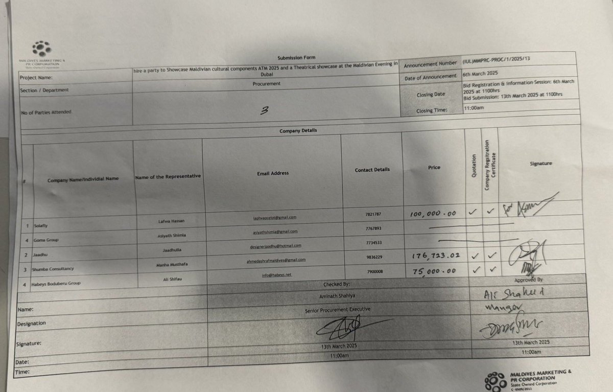 HKurusee's tweet photo. Blatant daylight corruption happening at MMPRC. When @kudiiThaufeeq was MD, this sort of thing happened. Now under @shiuree, we’re seeing it repeating. Power really corrupts people.

MMPRC has cancelled ATM 2025 bid cause they didn’t want to award it to Habeys Bodu Beru, using the excuse of a “change in scope”.

“Change in scope” is the most commonly abused excuse for cancelling tenders, everyone knows it. This trick is used by many SOEs when the preferred party doesn't win. Now that everyone knows the competing bid prices, when they reopen the tender, there’s no competition. It’s a rerun with a fixed outcome.