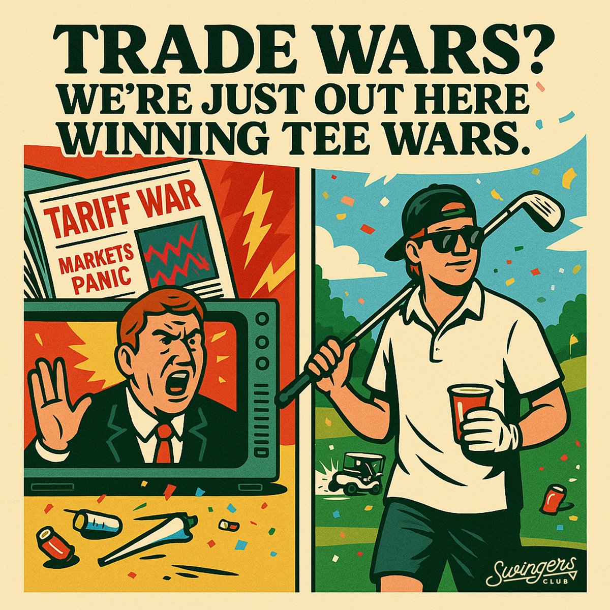 SwingersCrypto's tweet photo. Wall Street’s in shambles.
Politicians yelling on TV.
Tariffs going up. Charts going down.

Meanwhile… we’re out here winning tee wars.

No imports. Just long drives.

🏌️‍♂️ Red solo cups. Untucked polos. Market-proof swagger.

Welcome to Swingers Club™.

#TeeOffNotTradeOff https://t.co/IYLmBFRxnm