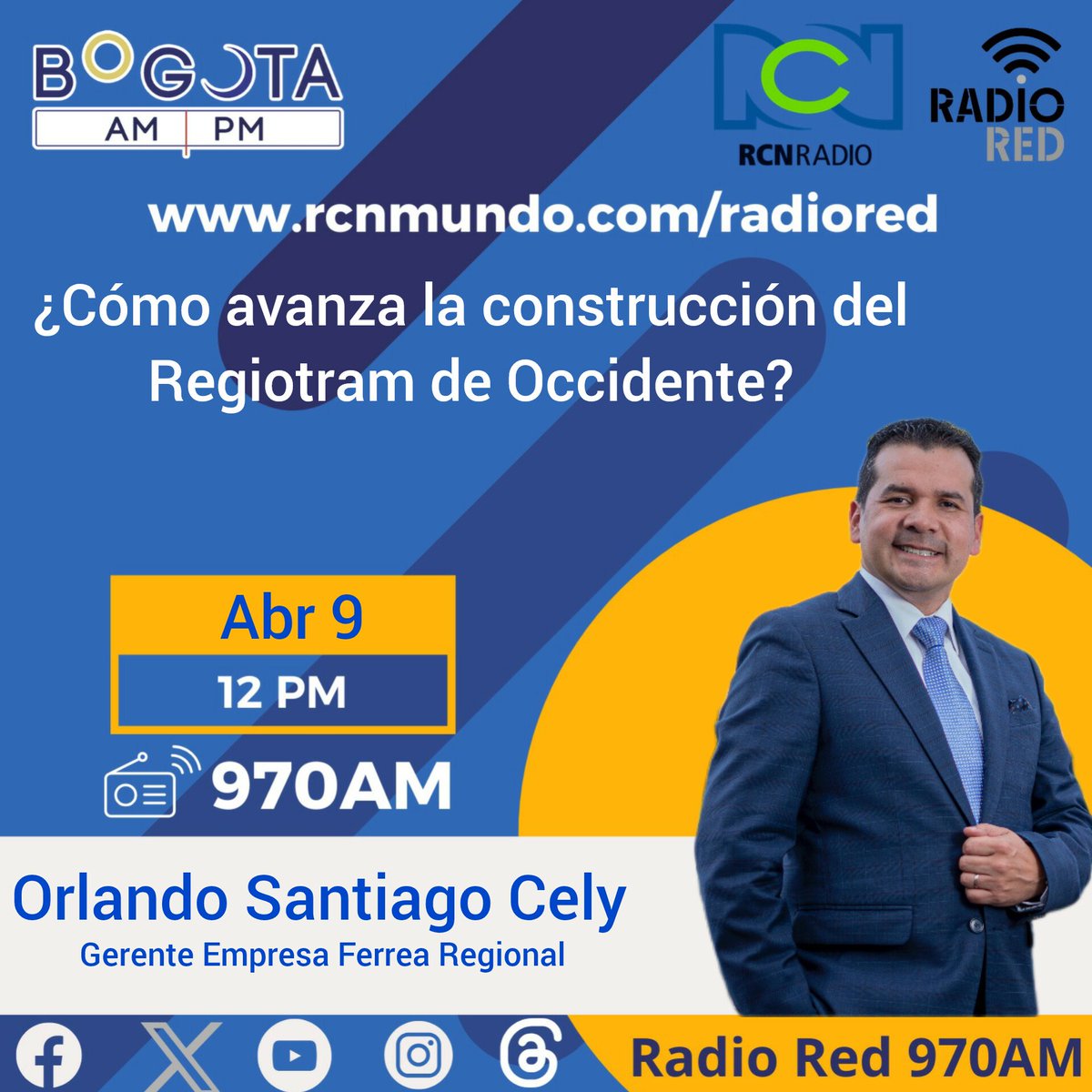 bogotaampm's tweet photo. A las 12 estaremos en #Charlademiércoles con el gerente de la @efrcundinamarca, @OrlandoSantiagC. Nos contará los avances de la construcción del Regiotram de Occidente. Estaremos #EnVivo por #970AM, https://t.co/4vZTYVikKh y nuestras redes sociales. https://t.co/1zbUWf2ebd