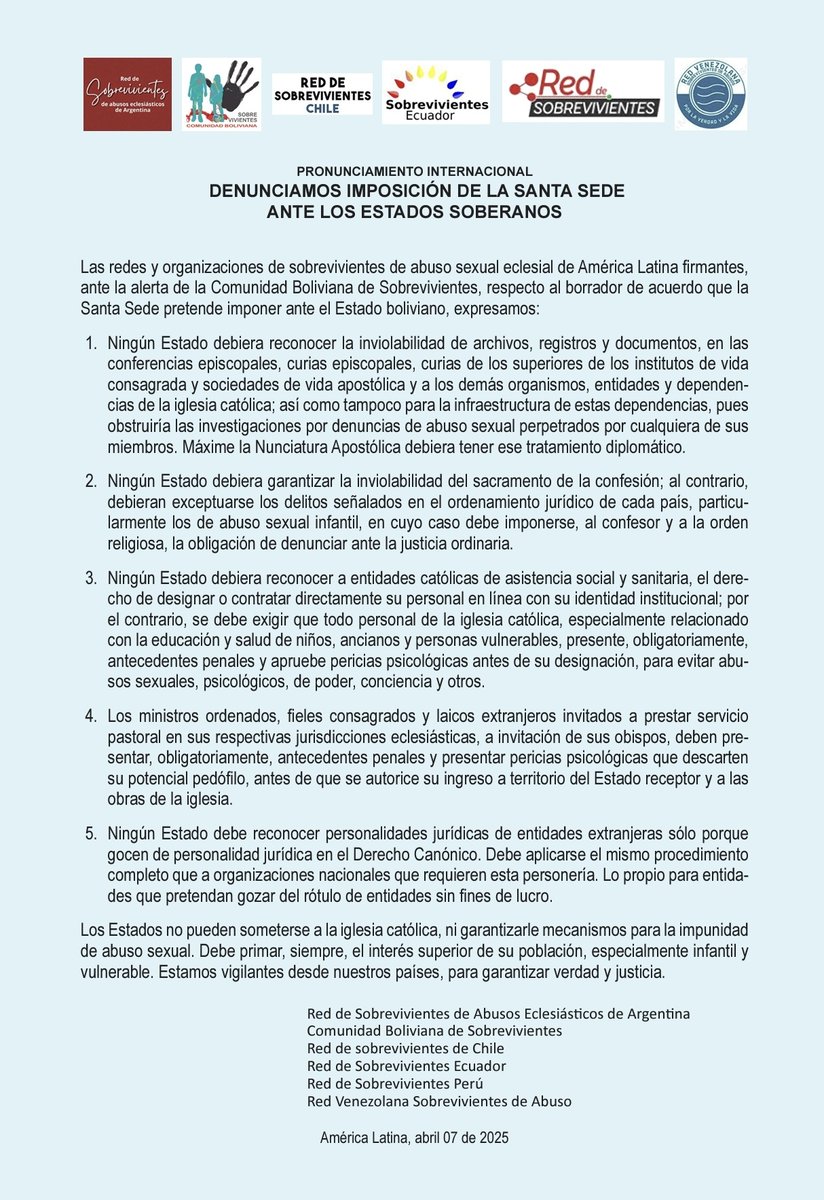 Las redes y organizaciones de sobrevivientes de abuso sexual eclesial de América Latina firmantes, ante la alerta de la Comunidad Boliviana de Sobrevivientes respecto al acuerdo que la Santa Sede pretende imponer ante el Estado boliviano, expresamos:
👉🏻sobrevivientes.pe/2025/04/09/pro…👈🏻