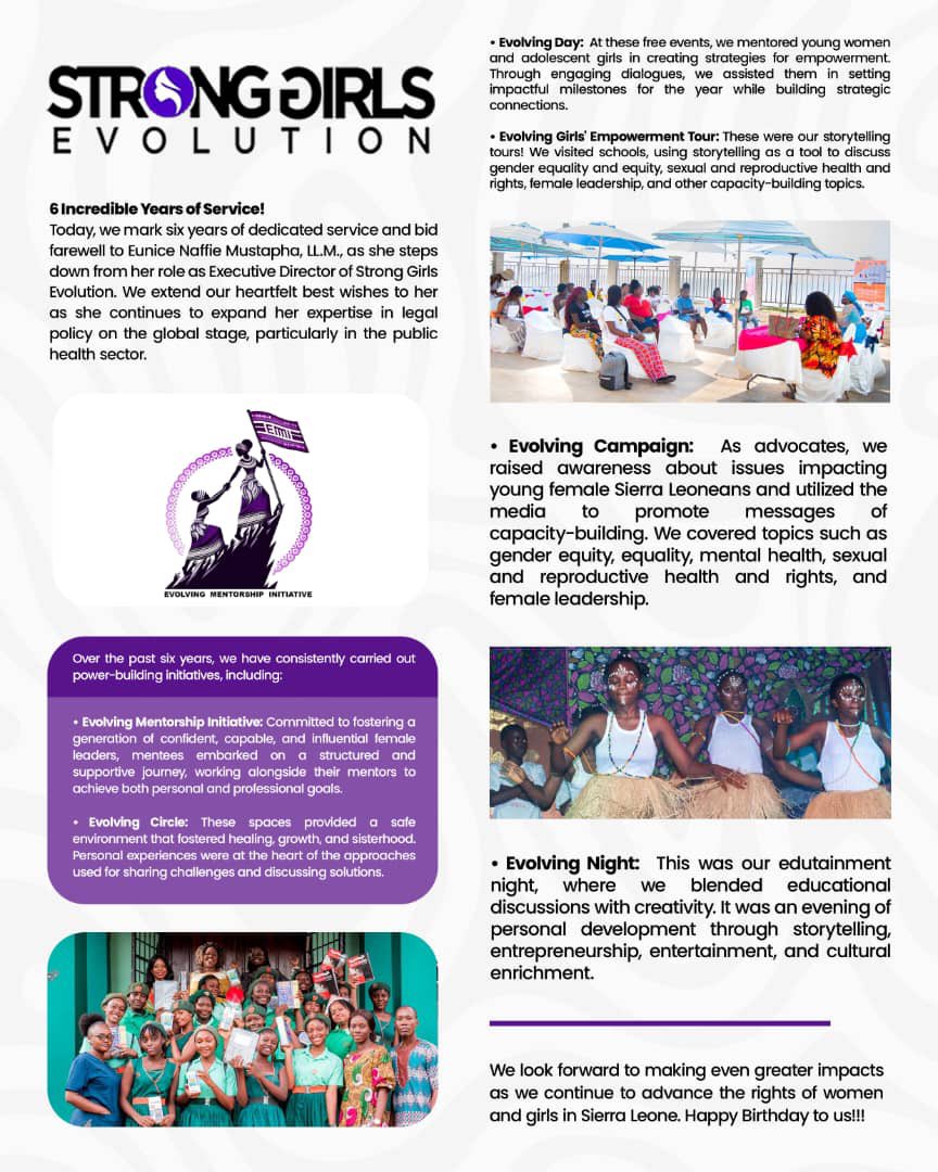 StrongEvolution's tweet photo. We’re celebrating 6 amazing years of making an impact in Sierra Leone! 🎉

Thank you for your unwavering support throughout this journey. We’re more committed than ever to driving transformative initiatives across various sectors. Stay tuned for what's next!

#sge https://t.co/1AVLHeY44g