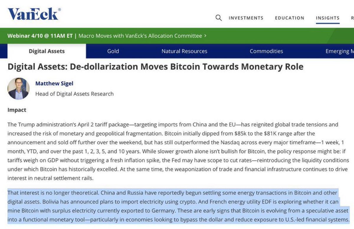 De-dollarization is getting real: China &amp; Russia are settling energy trades in Bitcoin, Bolivia wants to mine BTC with surplus power, and France’s EDF is exploring it too. 

Bitcoin is moving from speculative asset to functional money.
