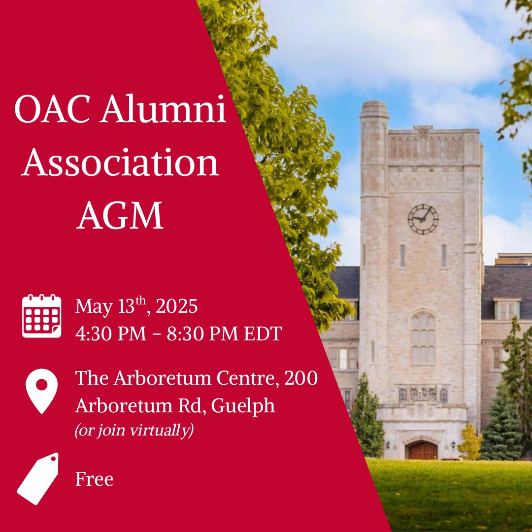 Calling all OAC Alumni! The OAC Alumni Association AGM is now open for registration. Learn about &amp; have your say in the board's activities, get involved, &amp; reconnect with fellow OAC alumni! 
Join in-person or virtually. Register by May 5th at 11:59pm here:
alumni.uoguelph.ca/events/oac-alu…