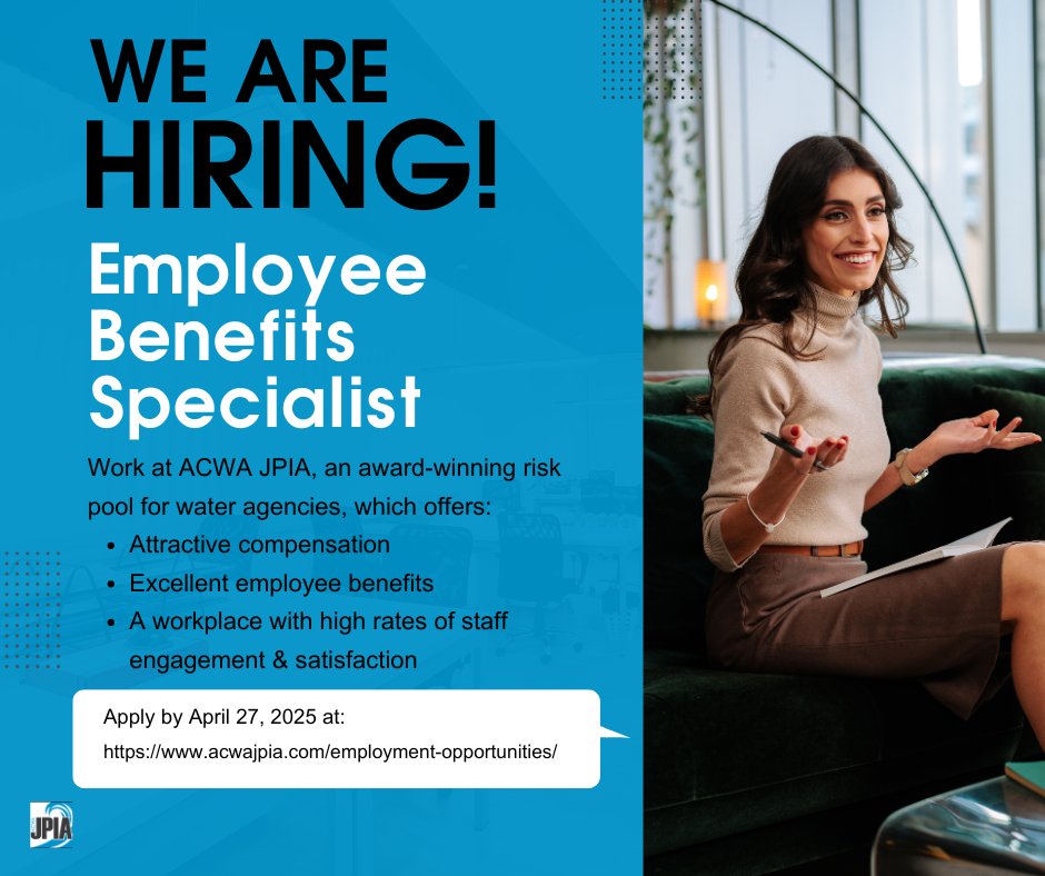 ACWAJPIA's tweet photo. @ACWAJPIA is hiring a remote Employee Benefits Specialist (CA residents only)! Help members manage benefits programs, coordinate grants, and build strong relationships. Apply by April 27: https://t.co/sYXwMy19MT
#CAwater #hiring #employeebenefits https://t.co/6NYzEC8sD4