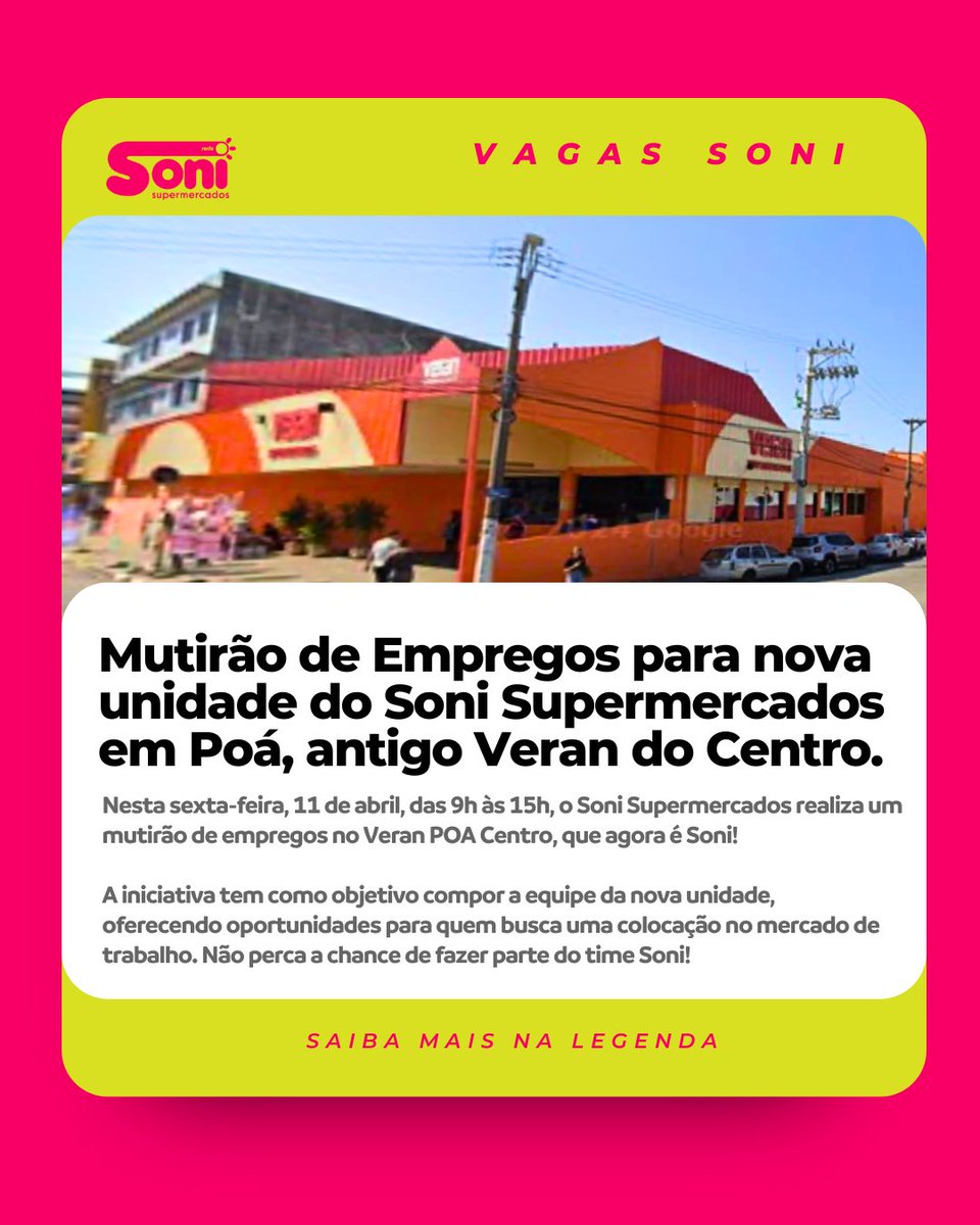 ODBconsultoria's tweet photo. 🚨 ATENÇÃO, POÁ E REGIÃO! 🚨
Tá procurando uma oportunidade de trabalho? Então já marca na agenda:
📍 Mutirão de Vagas - Soni Supermercados
🗓 Dia 11 de abril
🕘 A partir das 9h
📌 Av. 9 de Julho, 354 - Centro - Poá - SP

Estamos contratando para todas as áreas! 💼 https://t.co/HzmcPYFlJE