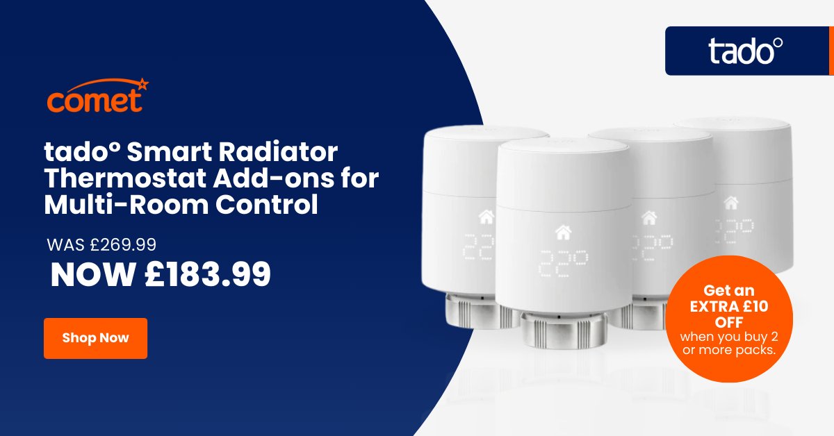 Elevate your home’s comfort and efficiency with tado!

Save £86 plus get an EXTRA £10 OFF when you buy 2 or more. 

Shop now: comet.co.uk/products/tado-…

#cometisback #tado #smarthome #dealalert