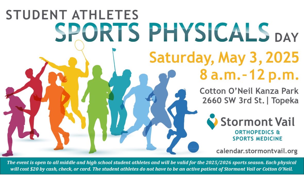 🚨🚨🚨Save the Date🚨🚨🚨
Stormont Vail Orthopedics &amp; Sports Medicine is holding its annual #SportsPhysical Clinic on Saturday, May 3rd, 8-12 @ Kanza Park. For just $20, you can be examined by our #orthosports professionals &amp; cleared to participate in the 2025-2026 sport season.