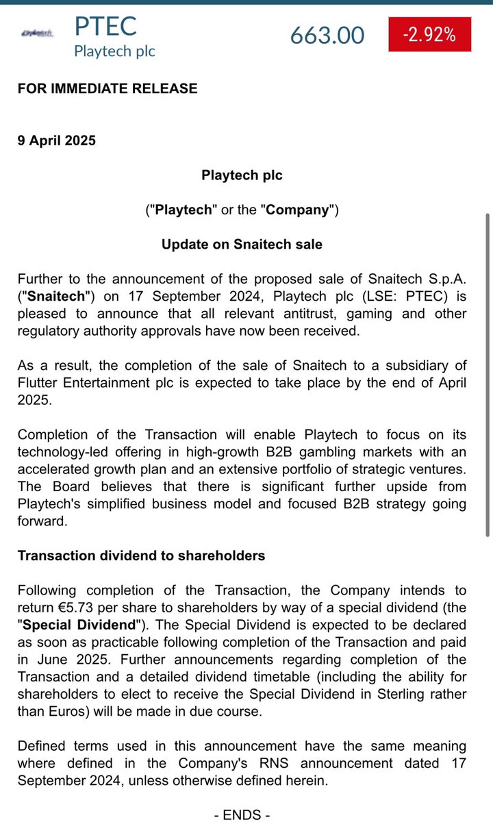 Luvvvvvly. €5.73/share on a £6.75 share price. Market sleeping on this one. #PTEC