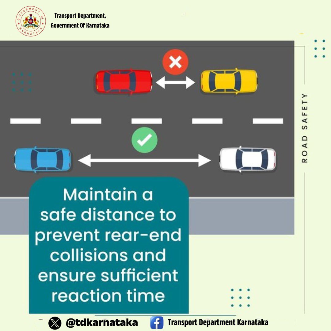 tdkarnataka's tweet photo. ವಾಹನ ಚಲಾಯಿಸುವಾಗ ಸೂಕ್ತ ಅಂತರ ಕಾಯ್ದುಕೊಳ್ಳಿ.
#RoadSafety
@RLR_BTM @KarnatakaVarthe https://t.co/6zZ9AeNK9e