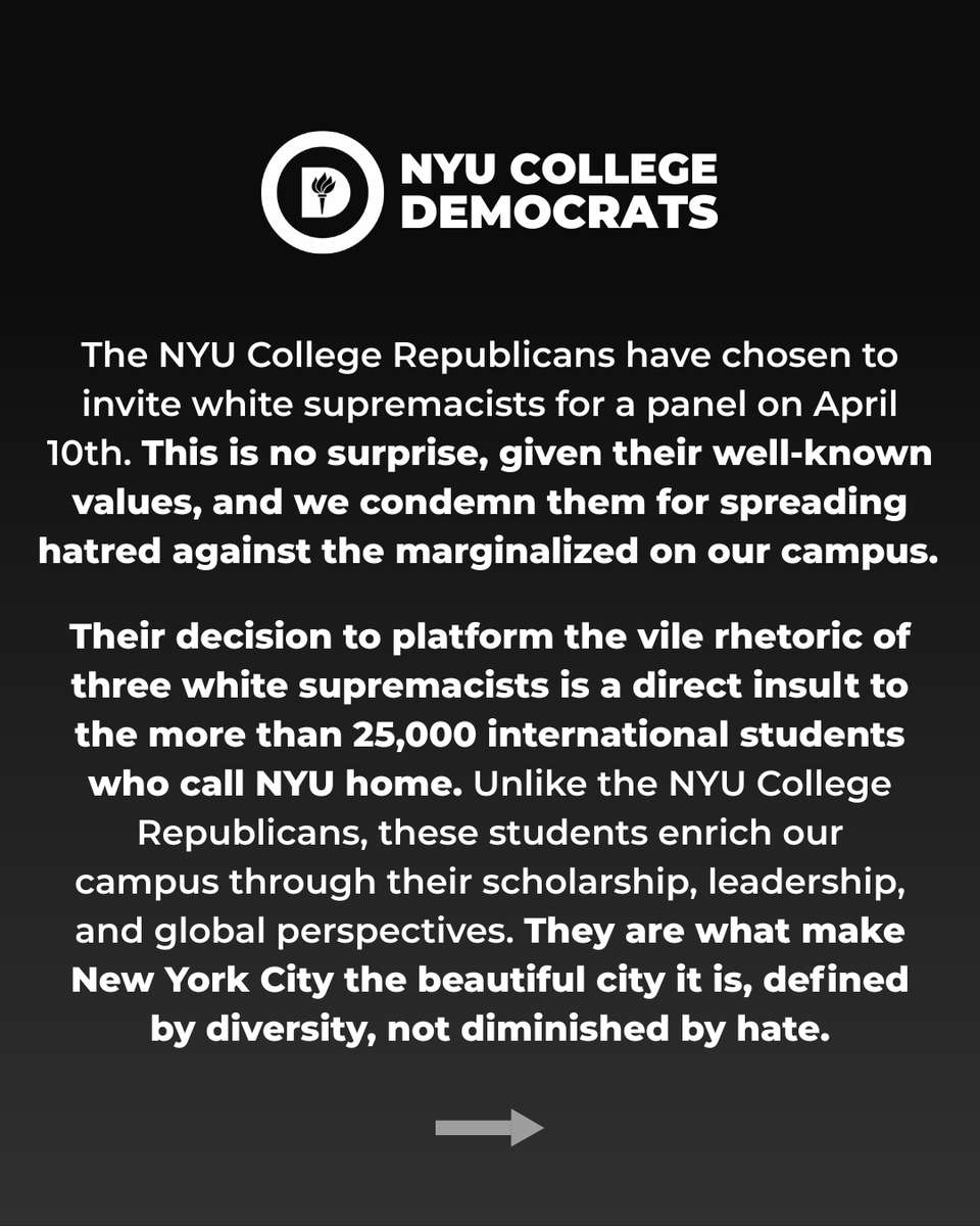 NYUDems's tweet photo. The NYU College Republicans should be ashamed of themselves for fostering hate on our campus. We will not stay silent in the face of white supremacy. https://t.co/vTGTF7wYzl