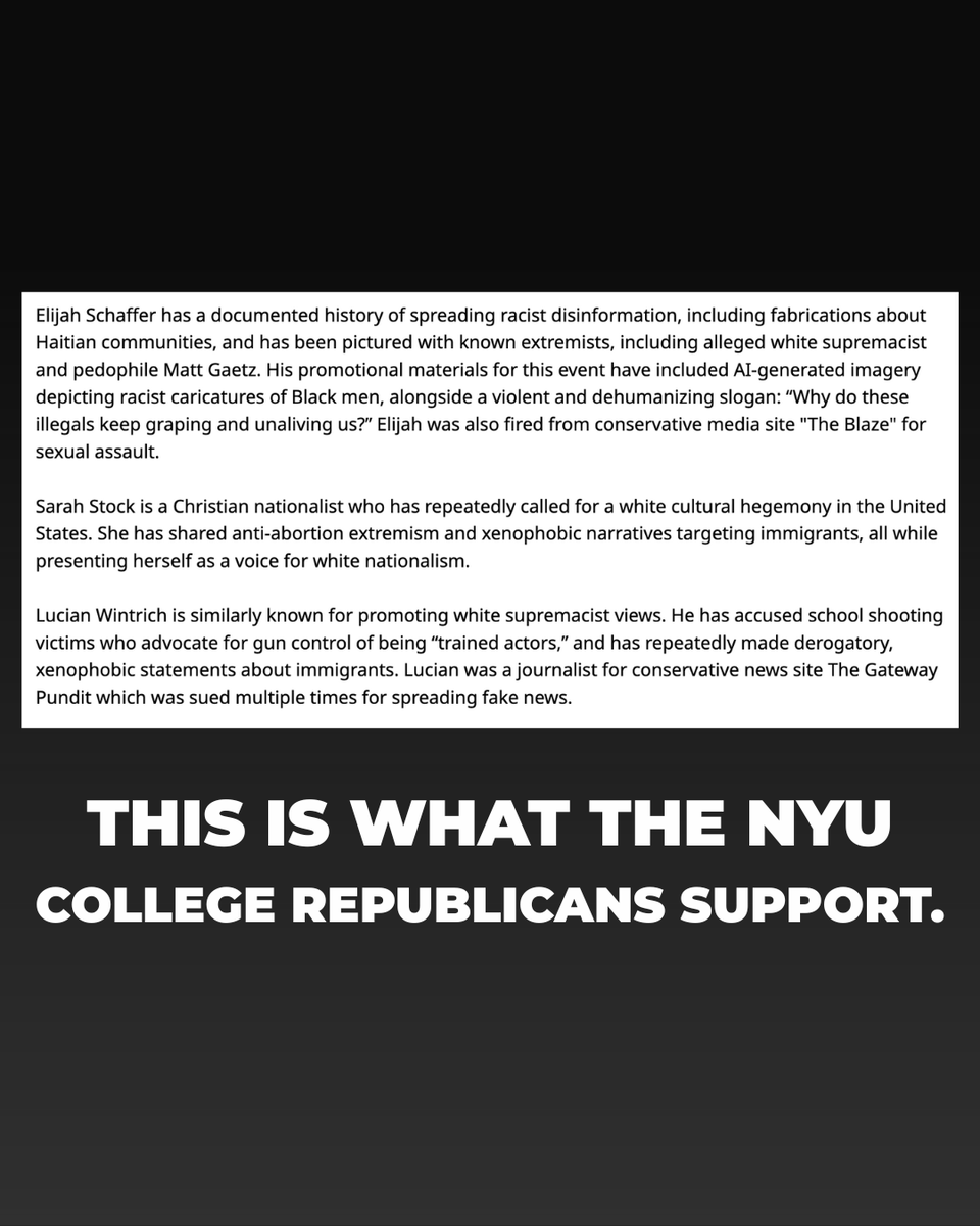 NYU College Democrats (@nyudems) on Twitter photo The NYU College Republicans should be ashamed of themselves for fostering hate on our campus. We will not stay silent in the face of white supremacy. The NYU College Republicans should be ashamed of themselves for fostering hate on our campus. We will not stay silent in the face of white supremacy.