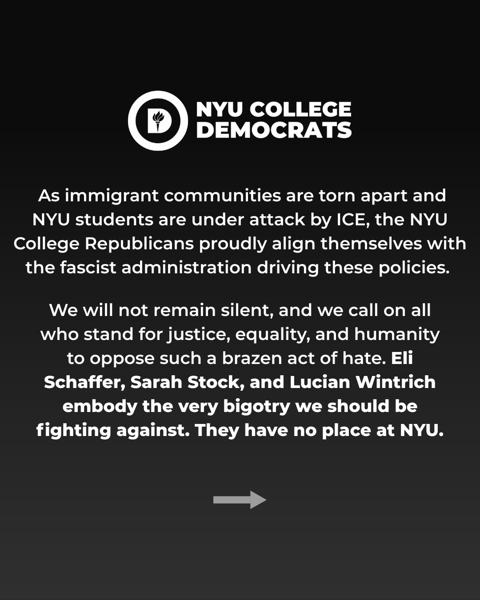 NYUDems's tweet photo. The NYU College Republicans should be ashamed of themselves for fostering hate on our campus. We will not stay silent in the face of white supremacy. https://t.co/vTGTF7wYzl