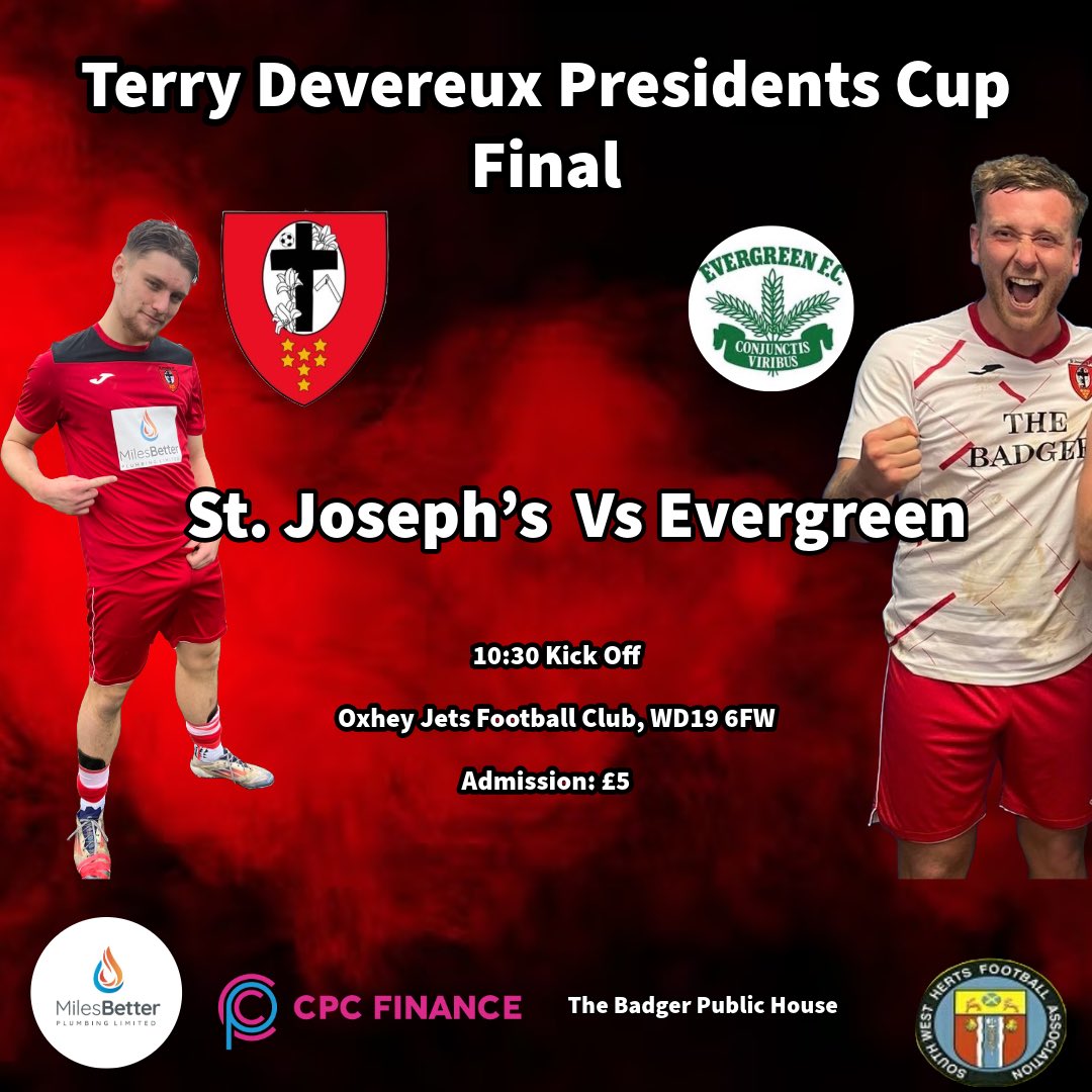 🏆 𝐂𝐔𝐏 𝐅𝐈𝐍𝐀𝐋 🔴⚫️

This Sunday we take on <a href="/evergreen_fc_/">Evergreen FC</a> in the final of  <a href="/WSFL55/">WSL</a>’s Terry Devereux President’s Cup.

Hoping to retain the trophy 🤞

vs <a href="/evergreen_fc_/">Evergreen FC</a> 
📍<a href="/1972Jets/">OXHEY JETS F.C.(official account)</a> 
⏰ Sun 13/04 1030 KO
🏆 <a href="/WSFL55/">WSL</a> President’s Cup
💷 £5

#UTJ #ChinDiesel