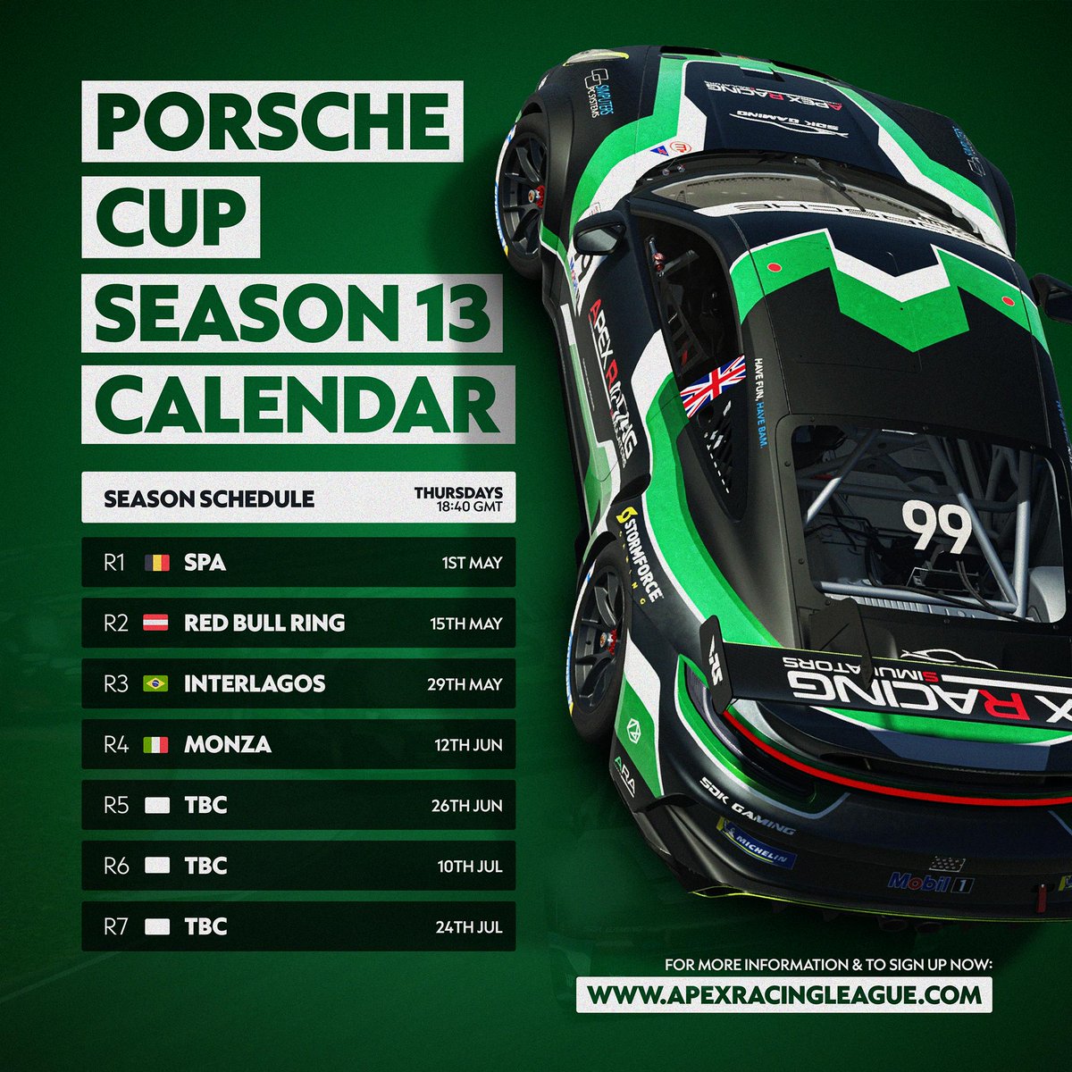 📢 ARA Porsche Cup returns on the 1st of May for a 7 round season, all of which broadcast from the Apex Racing TV Esports Studio! 📺

Register now on our website: apexracingleague.com/announcing-por… 🔗

#iracing #simracing