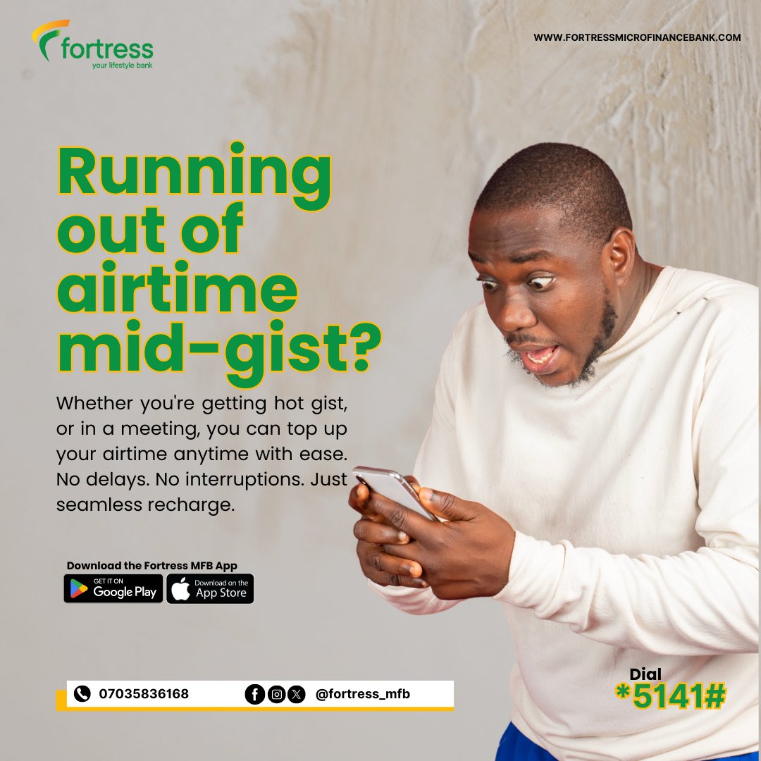Fortress_mfb's tweet image. Never get caught off guard!

Top up your airtime instantly with the Fortress MFB App or dial *5141# — no matter the time, place, or gist!
Download on Google Play or App Store to begin
#fortressmfb #AirtimeMadeEasy #USSDRecharge #DigitalBanking #NoDataNoProblem #yourlifestylebank