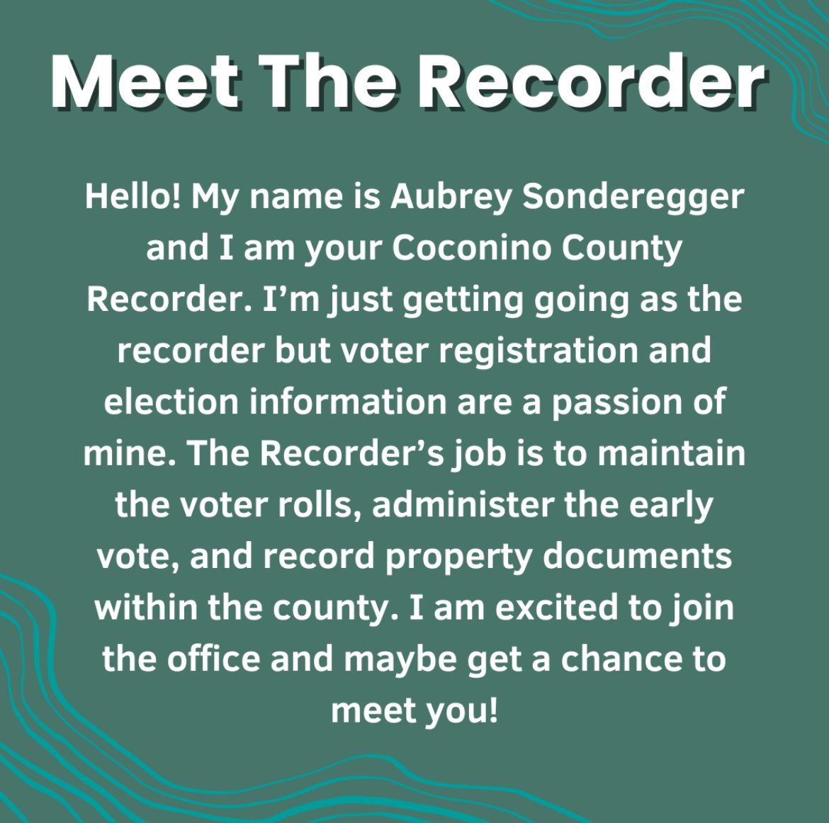 CocoRecorder's tweet image. Meet the Coconino County Recorder: Aubrey Sonderegger!