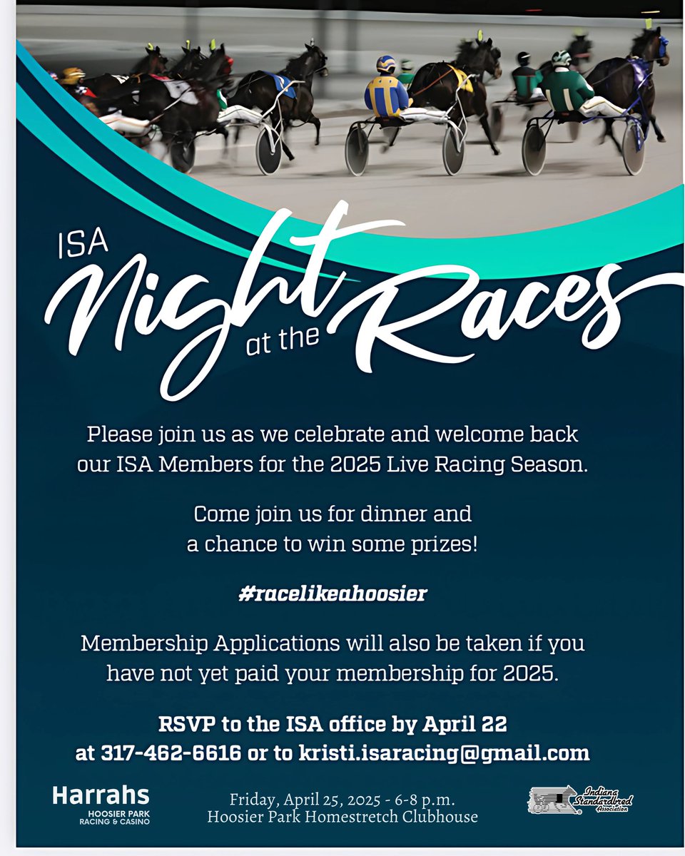 ISA Night at the Races is set from 6 – 8 p.m. Friday, April 25, in the Homestretch Clubhouse <a href="/HoP_Racing/">Harrah's Hoosier Park</a>!

All RSVPs: ISA Office at (317) 462-6616 or by email at Kristi.isaracing@gmail.com

#racelikeahoosier