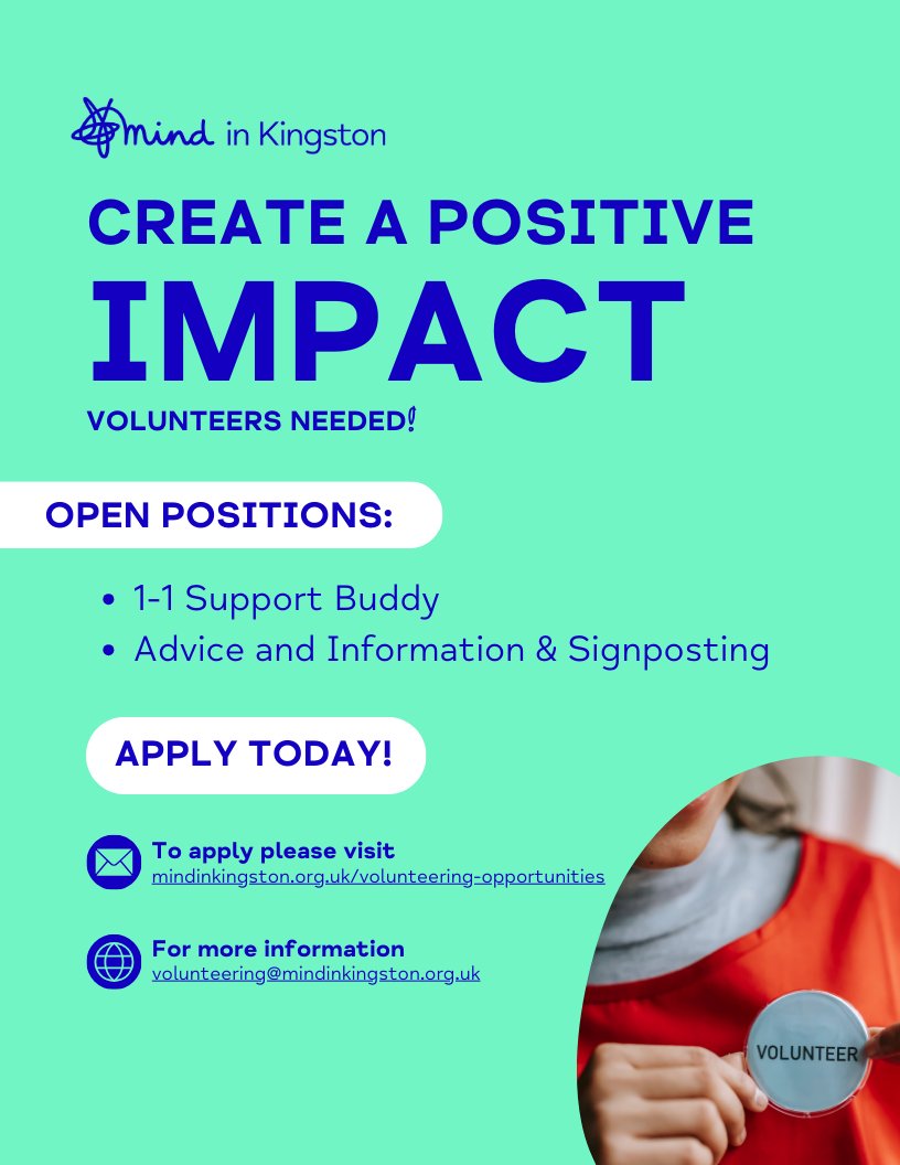 🌟 Make a Difference – Volunteer with Mind in Kingston! 🌟

🧑‍🤝‍🧑 Roles Available: 1️⃣ 1-1 Support Buddy 2️⃣ Advice &amp; Info Volunteer

📝 Apply: tinyurl.com/MiKVolForm
Need more info? visit mindinkingston.org.uk/volunteering-o… 

#MentalHealthMatters #MindInKingston #Volunteer #CommunitySupport