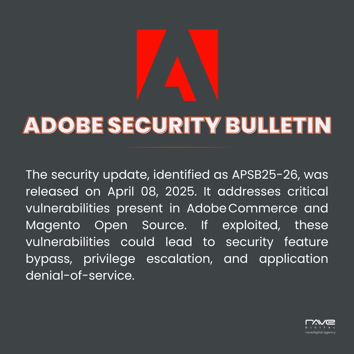 ⚠️ Urgent Security Update Released for <a href="/AdobeCommerce/">Adobe Commerce</a> and Magento Open Source: APSB25-26 ⚠️

Read our full blog post to learn more about the issue, affected versions, and solutions → bit.ly/4cuO5UO.
-
@adobe 

#eCommerce #Magento #AdobeCommerce #APSB2526