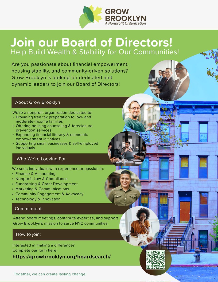 GrowBrooklyn's tweet image. 🌱Grow Brooklyn is seeking new Board Members🌱

If you have experience in finance, law, fundraising, marketing, or community advocacy, we want to hear from you. Help build stability and wealth in NYC communities.

✍️ growbrooklyn.org/boardsearch

#GrowBrooklyn #BoardSearch
