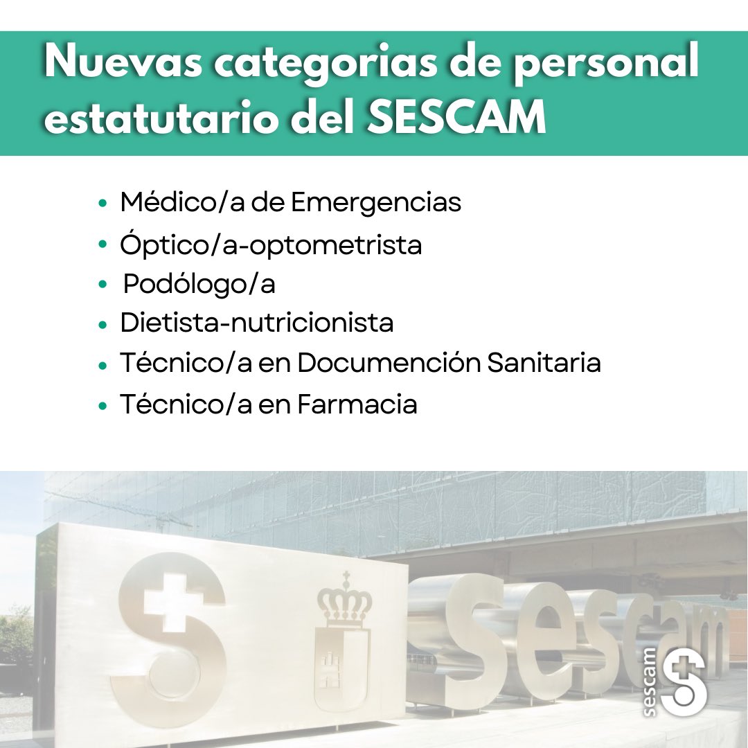 👩‍⚕️ El <a href="/sescamclm/">SESCAM</a> incorporará seis nuevas categorías de personal estatutario.

🎙️ Esther Padilla: "Para mejorar la atención sanitaria actual, que cada vez presenta mayores niveles de complejidad y, por tanto, requiere de adaptaciones organizativas”.

ℹ️ plandesalud.castillalamancha.es
