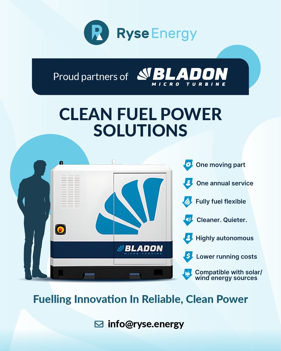 At #RyseEnergy, we're excited to partner with <a href="/BladonMTG/">Bladon Micro Turbine</a> for innovative clean fuel solutions. Their tech supports our goal of #sustainable, cost-effective energy. With minimal maintenance and renewable compatibility, this collaboration advances reliable, cleaner power.