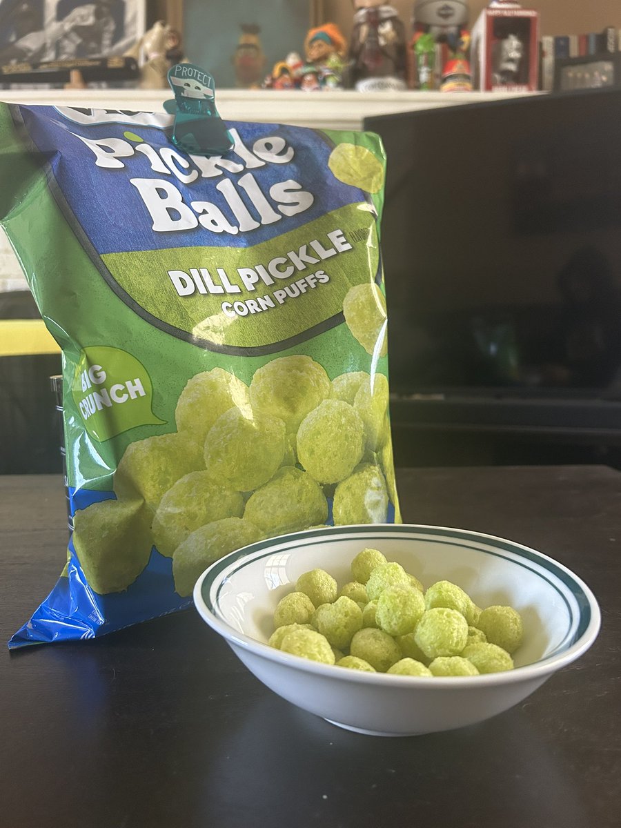CrispyAndSaucy's tweet photo. X-abstaining Kristen Cassel (Our resident pickle and cheese expert) with a guest ‘Cluck’ Review: 

Oh the much anticipated Pickle Balls review!

Like many other pickle flavored items they have a very strong artificial pickle smell. But unlike chips they have a more balanced (1/2) https://t.co/JNGY8DIO3j