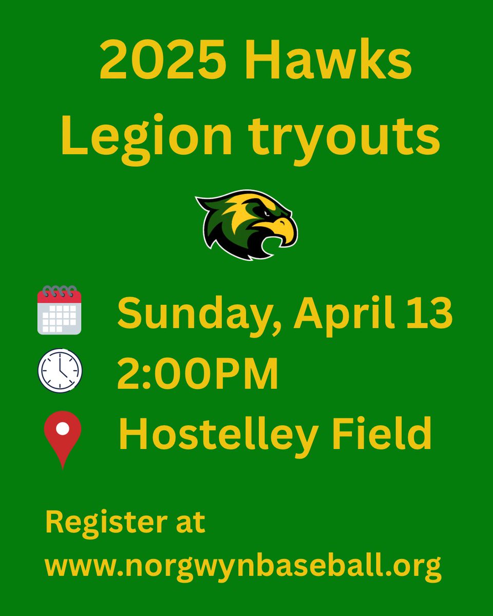 Reminder, Nor-Gwyn Legion Baseball tryouts are this Sunday, April 13 at 2:00 on Hostelley Field. Register at norgwynbaseball.org.