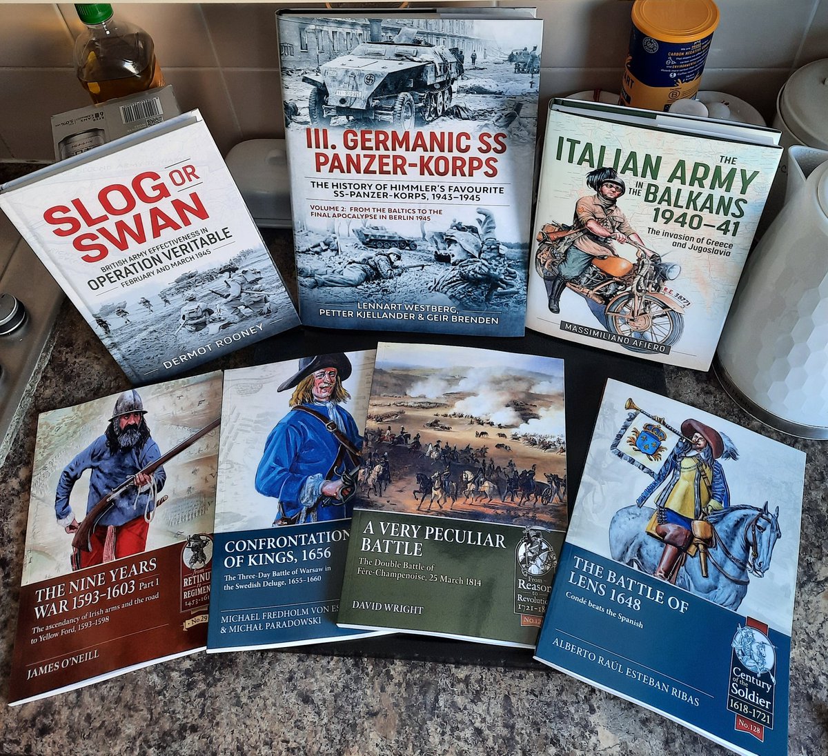 RalphBuick44's tweet photo. @Helionbooks haul to add to the library pile of shame. Eclectic as ever, great swathe of topics to tide me over for the summer. #helionbooks #thirtyyearswar #napoleonic #swedishdeluge #nineyearswar #sww #ww2 #easternfront #Greece #balkans #operationvertiable #militaryhistory https://t.co/BGynEx7Q7v