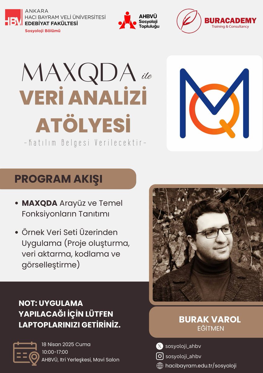 HBV Sosyoloji (@sosyoloji_ahbv) on Twitter photo 📢 18 Nisan’da MAXQDA eğitimi Burak Varol tarafından verilecektir
🔹 MAXQDA arayüzü ve temel fonksiyonlar
🔹 Örnek veri seti ile uygulama (proje oluşturma, kodlama, görselleştirme)
işlenecek.
Sertifika için formu doldurmayı unutmayın!
forms.gle/TSMmbtFHUE6EoD…
<a href="/buracademy/">Buracademy</a> 📢 18 Nisan’da MAXQDA eğitimi Burak Varol tarafından verilecektir
🔹 MAXQDA arayüzü ve temel fonksiyonlar
🔹 Örnek veri seti ile uygulama (proje oluşturma, kodlama, görselleştirme)
işlenecek.
Sertifika için formu doldurmayı unutmayın!
forms.gle/TSMmbtFHUE6EoD…
<a href="/buracademy/">Buracademy</a>